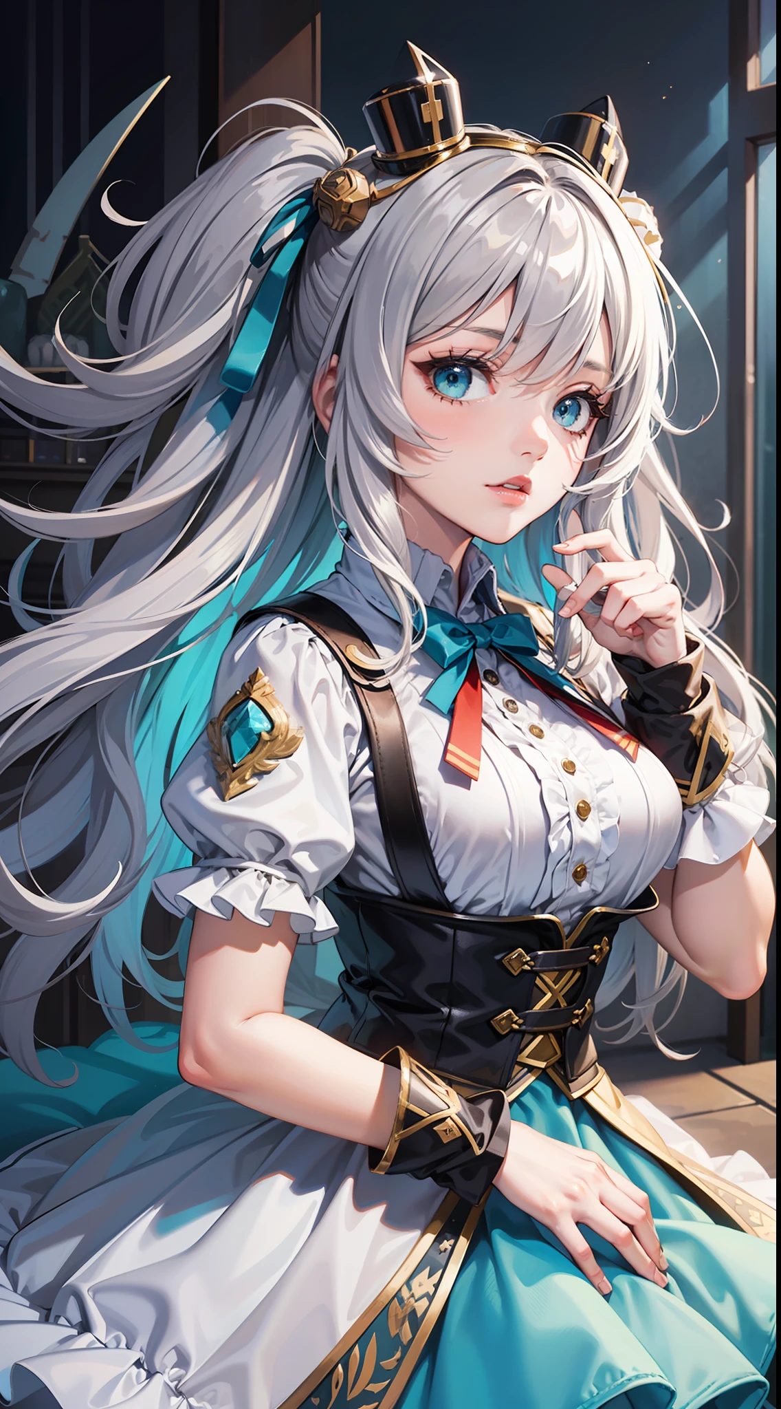 masterpiece, best quality, 1girl, solo, voxel art,
pharmacy, white girl,
gray hair, turquoise eyes, pain,
big hair, one side up,
half-dress, trim dress,
ribbon, Hair Bow , Cravats, Arm warmers,
classic, medieval, noble