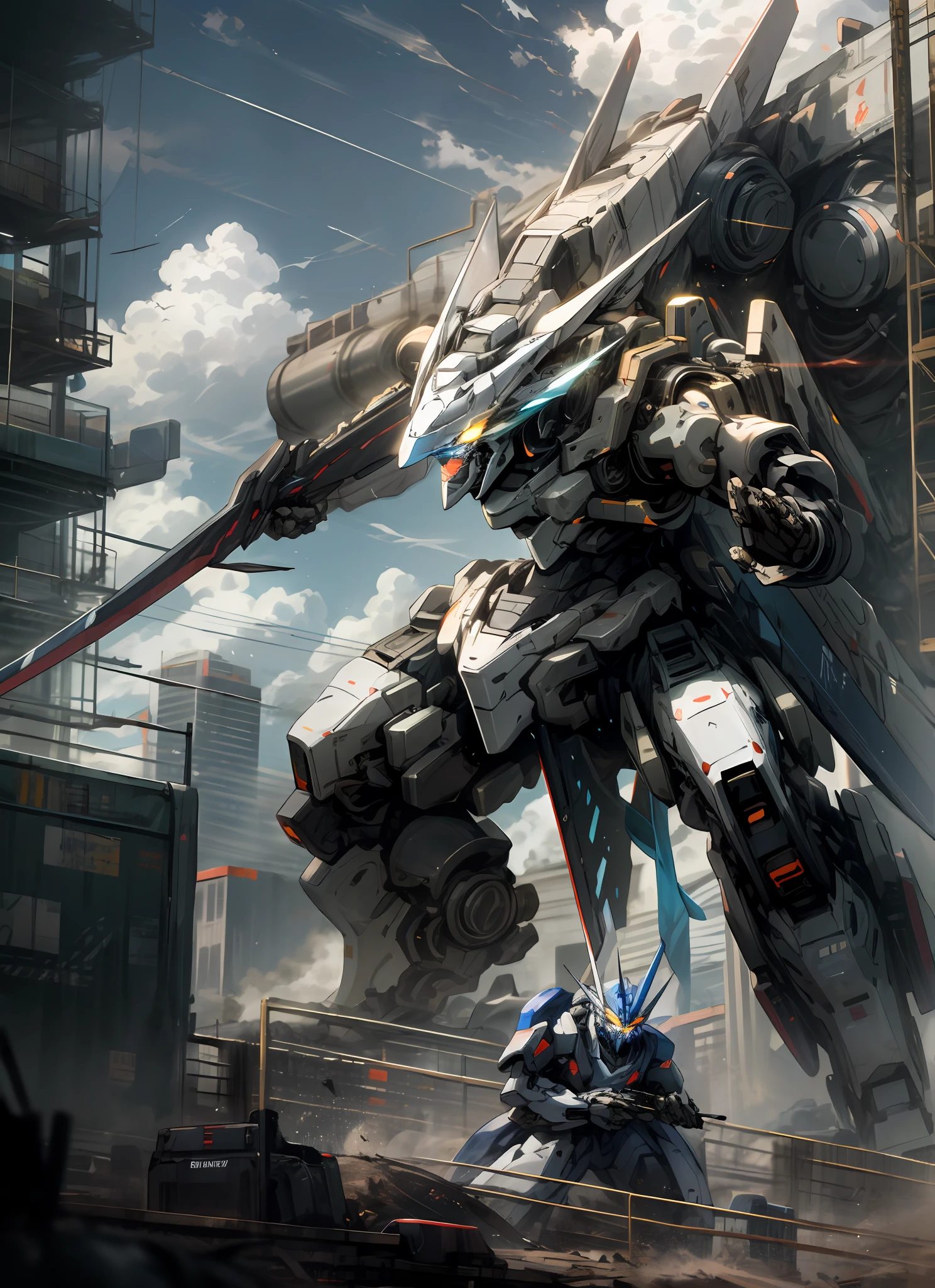 Sky, Clouds, holding_weapon, no_humans, Glow, Robot, Building, glowing_eyes, Mecha, Science Fiction, City, Reality, Mecha, Battle Stance
