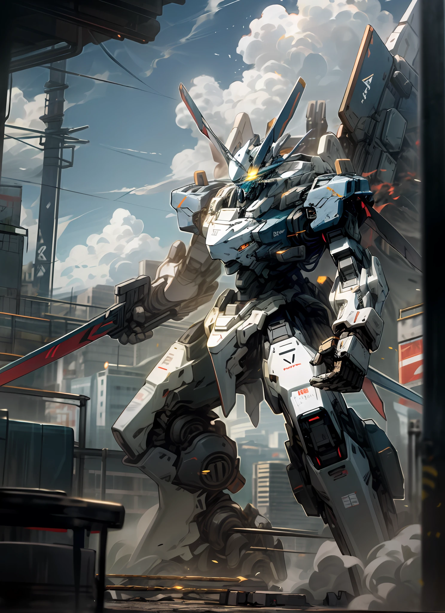 Sky, Clouds, holding_weapon, no_humans, Glow, Robot, Building, glowing_eyes, Mecha, Science Fiction, City, Reality, Mecha, Battle Stance