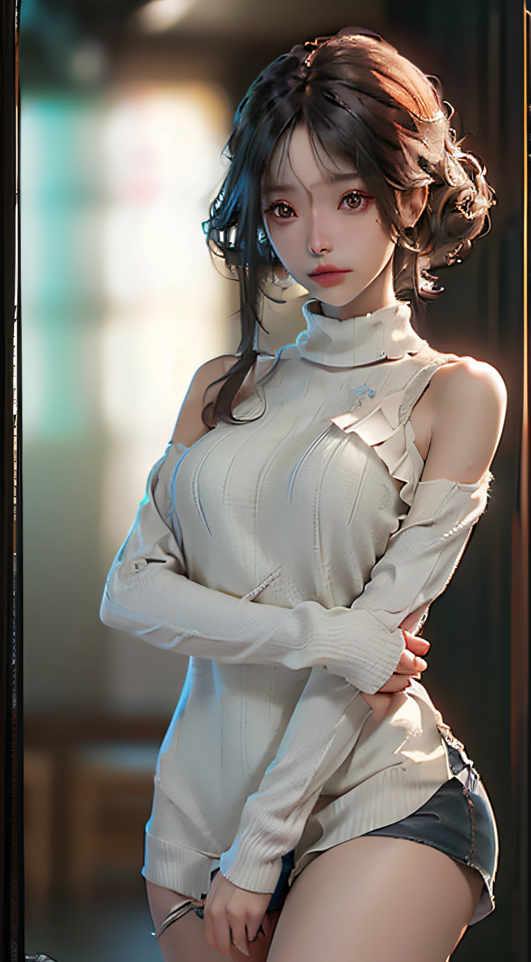 (Best Quality), ((Masterpiece), (Detail: 1.4), 3D, A Beautiful Cyberpunk Woman, HDR (High Dynamic Range), Ray Tracing, NVIDIA RTX, Super-Resolution, Unreal 5, Subsurface Scattering, PBR Textures, Post-Processing, Anisotropic Filtering, Depth of Field, Maximum Sharpness and Clarity, Multi-layer Textures, Albedo and Highlight Maps, Surface Shading, Precise simulation of light-material interactions, perfect proportions, Octane Render, two-color light, large aperture, low ISO, white balance, rule of thirds, 8K RAW, sweater, skinny, strangled, bare shoulders