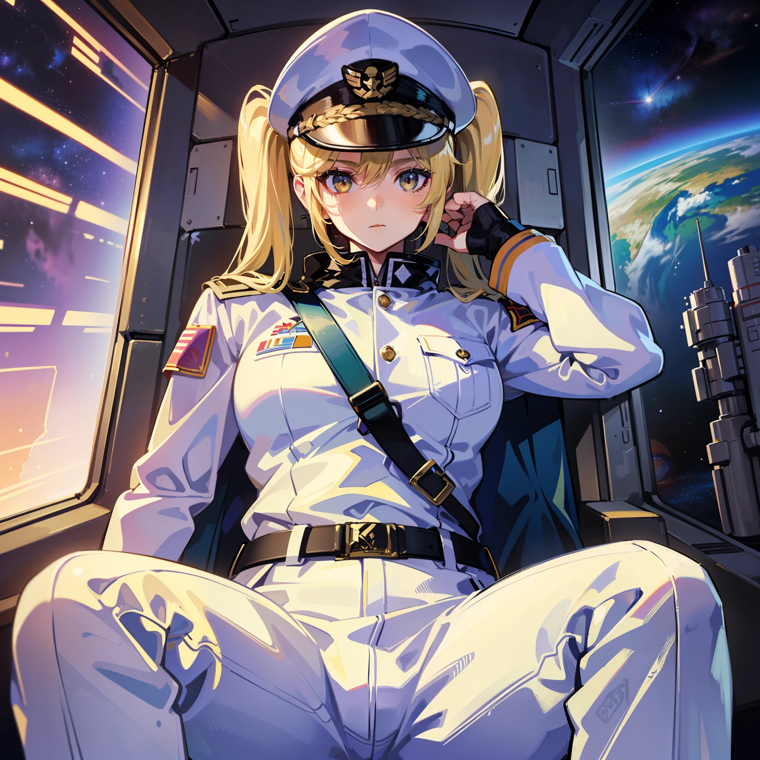 ((Masterpiece)), ((Highest Image Quality)), (((Best Quality)), (Illustration of One Girl), Full Body, 25 Years Old, (Neutral)), ((Blonde Twin Tails)), Light Golden Eyes, (Tall)), (Muscular Strong Body)), ((Muscular and Thick Body)), ((Muscular and Thick Arms)), ((Muscular and Thick Legs)), (Manspreading)), Open Legs, (((Army Uniform)), (Army Hat)), (((Army Coat)), (white clothes), (white pants), (white hat), trench coat, ((inside the spaceship, sitting in the captain's seat)), (outside the window, space, Earth seen from space, spaceport)
