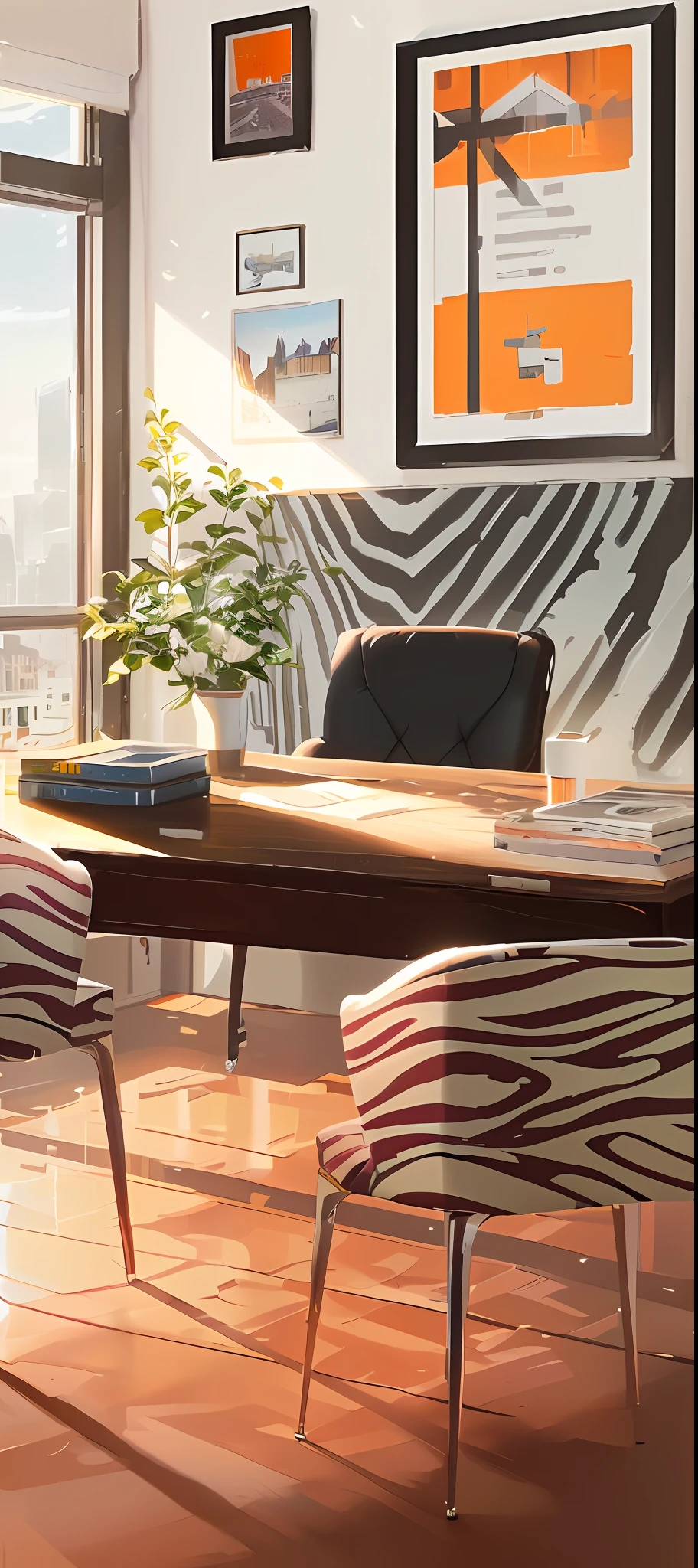 Office background, realistic afternoon lighting, personal room background, elegant study room, stylized digital illustration, natural light background, afternoon lighting, interior background art, corner office background, realistic art style, headquarters artwork, detailed architectural visualization rendering, super detailed scene, digital painting style, detailed natural light