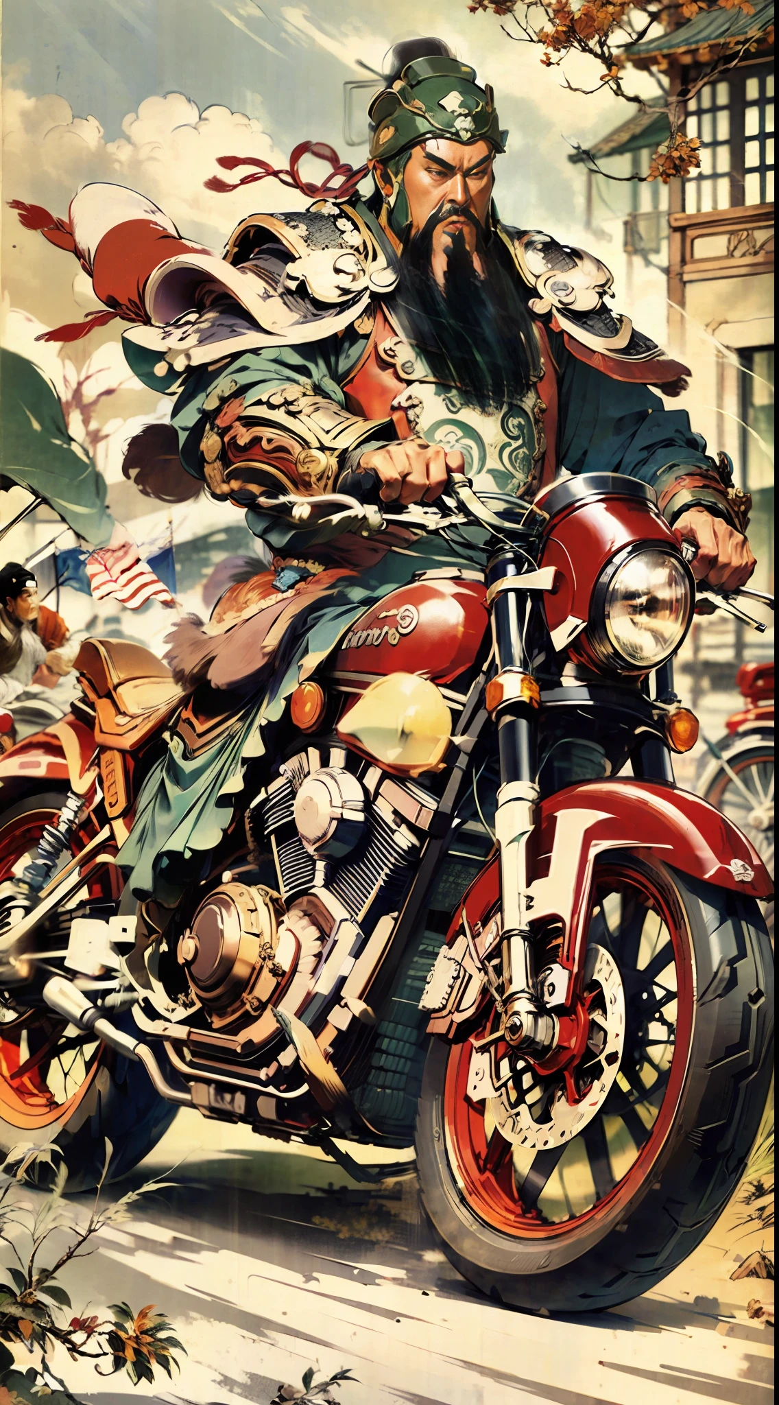 Comic style, HD quality, full body, perfect face, (eyes), Guan Yu, riding a red motorcycle, motorcycle,