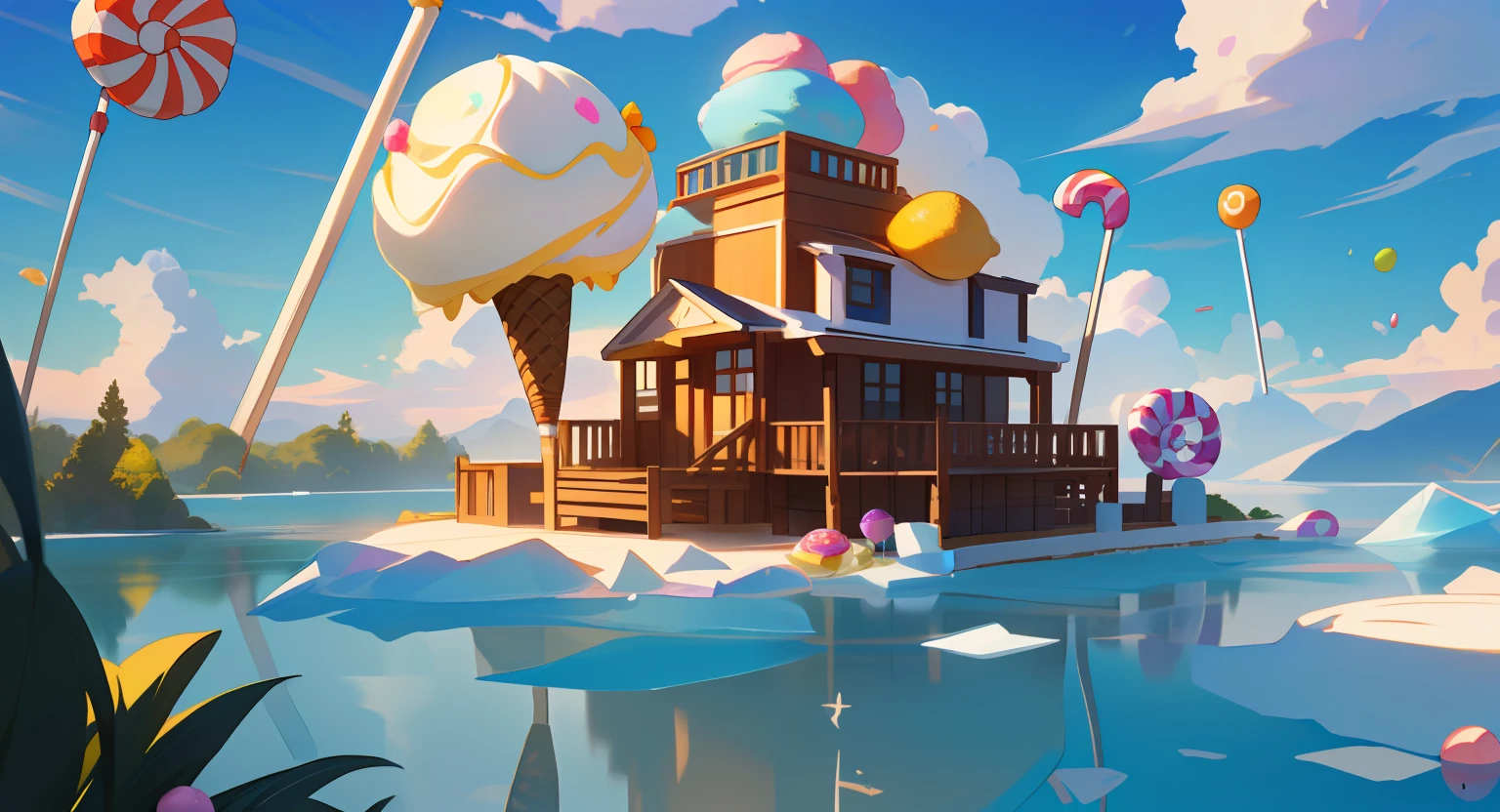 Cartoon style game scene, dusk white clouds, sky, childlike happy atmosphere, the whole picture is bright yellow as the main color, colorful colors, (ice cream), ((candy)), (fruit), close-up ice cream river, cartoon cute ice cream, card ventilator, candy world, lemon pinwheel, fairy tale world, ultra HD, master masterpiece, best quality, realistic lighting, masterpiece, high quality, beautiful graphics, global illumination, (HDR:1.3), best quality, 8k, perspective, depth of field, high resolution,