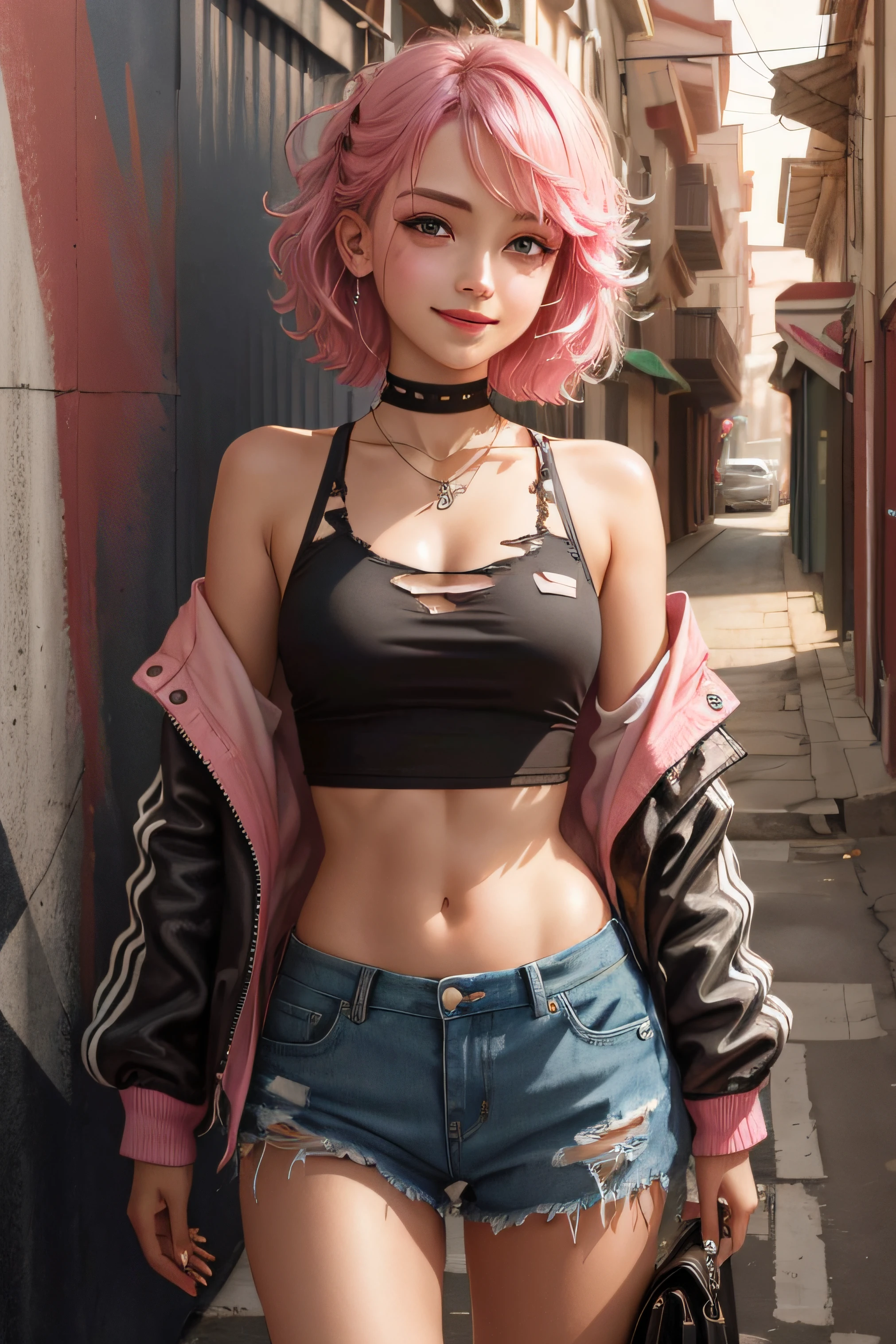 best quality, upper body,intricate details, chromatic aberration,1girl, pixie hair, pink hair, messy hair, cinematic lighting, gothic makeup, sharp eyes, nice black croptop, torn jeans legwear, open jacket, pink-violet solid background, dim lighting, alley, pink skin, pink skin tone, smiling, smiling eyes, candy city, no background, no necklace