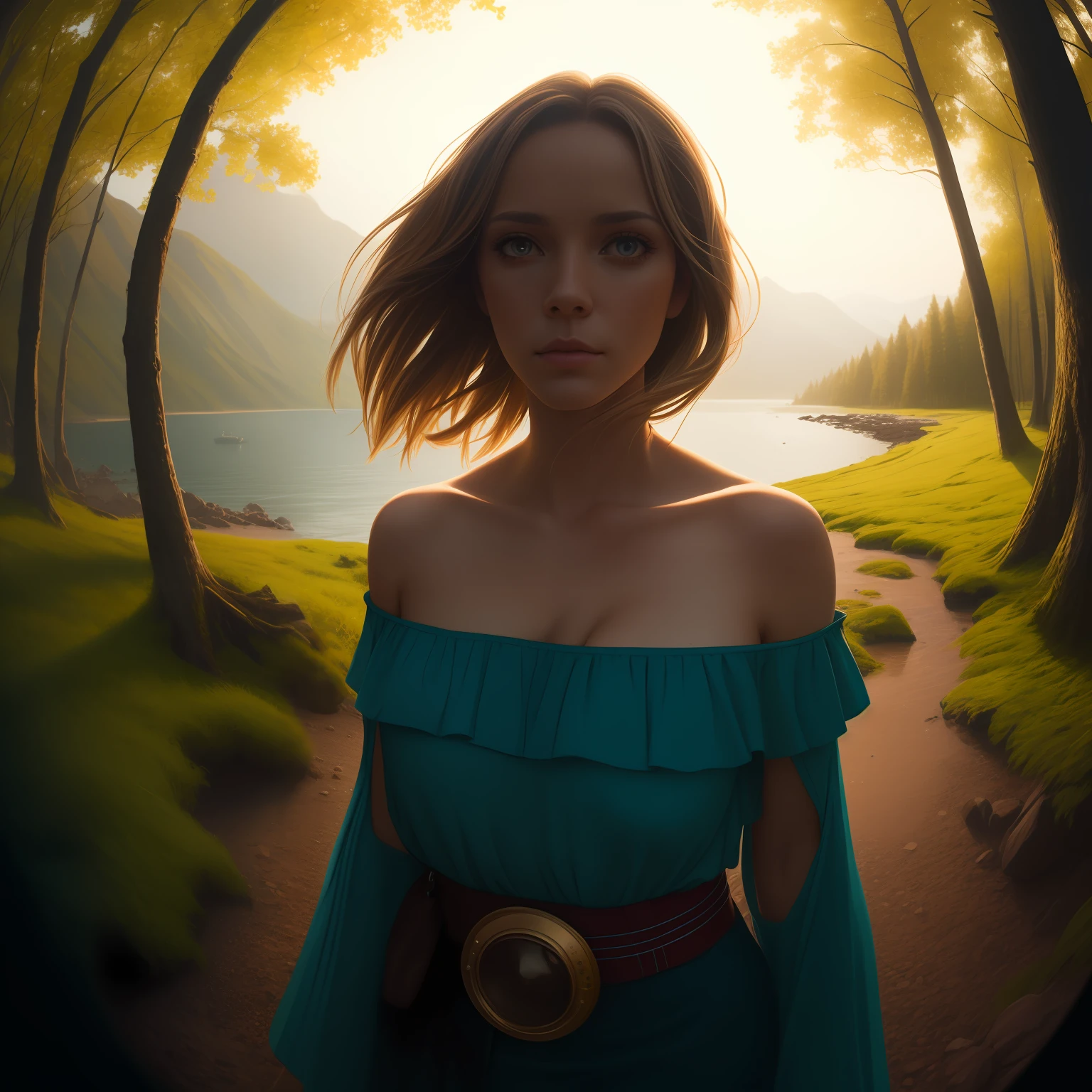 deep shadow, sinister, award winning photo, best quality, masterpiece, upper body, woman, freckled face, windblown blonde hair, emerald eyes, modern strapless dress  by Jeremy Lipking, by Antonio J. Manzanedo, by lee jeffries nikon d850 film stock photograph 4 kodak portra 400 camera f1.6 lens rich colors hyper realistic lifelike texture dramatic lighting unreal engine trending on artstation cinestill 800, fisheye lens, Style-Kilt, windy beach, scottish loch, forest