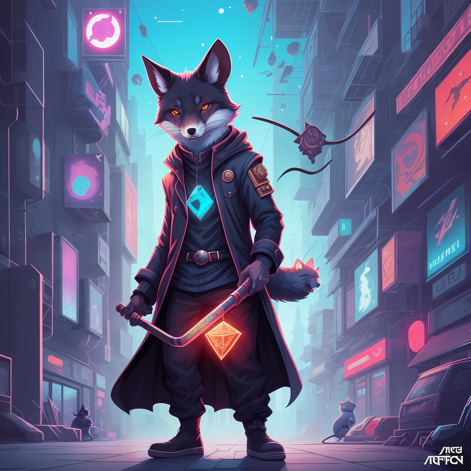 there is a blue scaled mouse that is holding a wand and a wand, jen bartel, beeple and jeremiah ketner, dark fox mage, furry fantasy art, cyberpunk cat, cosmic tiefling d&d, magic the gathering art style, magic the gathering artstyle, full art illustration, painted in the style arcane, cyberpunk mouse folk engineer