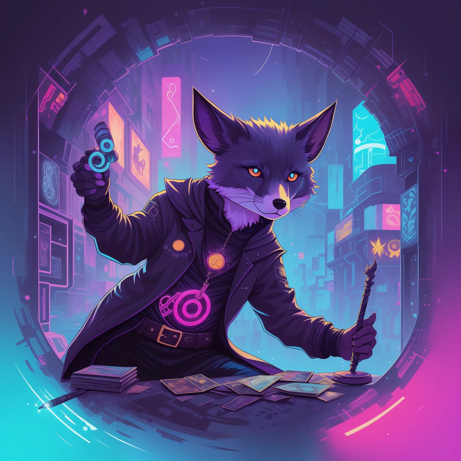 there is a blue scaled mouse that is holding a wand and a wand, jen bartel, beeple and jeremiah ketner, dark fox mage, furry fantasy art, cyberpunk cat, cosmic tiefling d&d, magic the gathering art style, magic the gathering artstyle, full art illustration, painted in the style arcane, cyberpunk mouse folk engineer