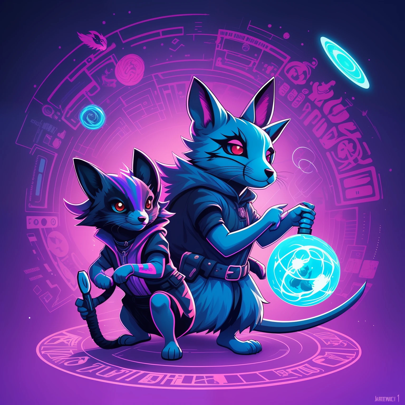 there is a blue scaled mouse that is holding a wand and a wand, jen bartel, beeple and jeremiah ketner, dark fox mage, furry fantasy art, cyberpunk cat, cosmic tiefling d&d, magic the gathering art style, magic the gathering artstyle, full art illustration, painted in the style arcane, cyberpunk mouse folk engineer