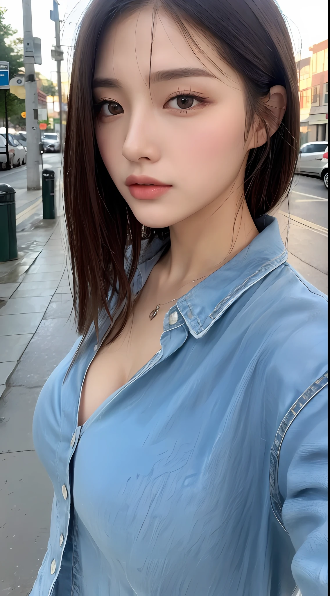((Best Quality, 8K, Masterpiece: 1.3)), Sharp: 1.2, Perfect Body Beauty: 1.4, Slim Abs: 1.2, ((Layered Hairstyle, Big Breasts: 1.2)), (Wet White Button Long Shirt: 1.1), (Rain, Street: 1.2), Wet: 1.5, Highly detailed face and skin texture, detailed eyes, double eyelids, side face looking at the camera