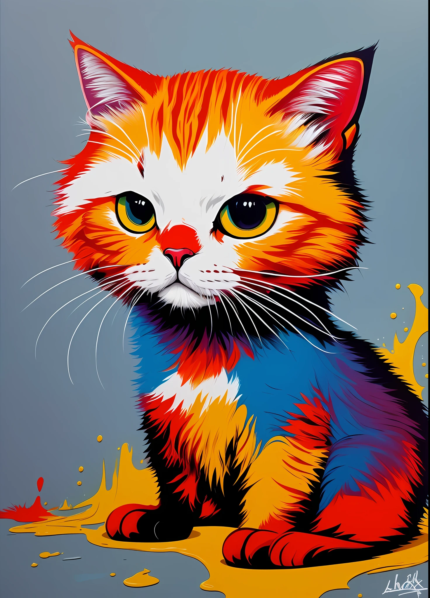 Graffiti art cat with paint splash, exaggerated gesture, solid color background, Alex Pardi, Jeff Soto style, Len Mack, Toxic Cat, Andrews Esso art style, Andy Catlin, ESAO,!! Esao Andrews!, Liquid Cat, Cat Painting, George Mathieu, Vibrant Cartoon Art, Cat Painting, Scottie Young