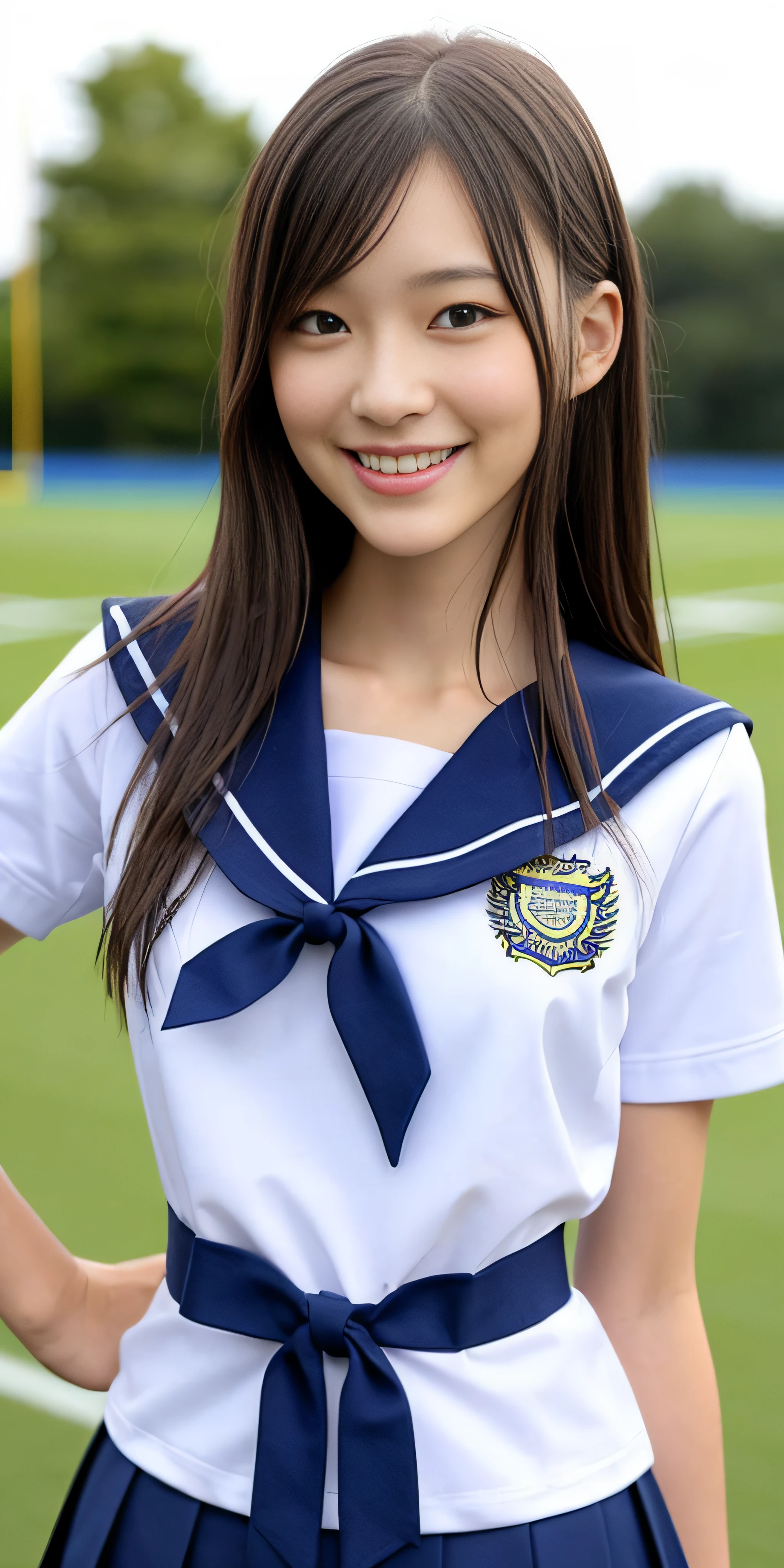 neat college girl, (school uniform, sailor uniform, ribbon tied at chest, summer uniform, upper body white, skirt dark blue, short sleeves), outside the athletic field, (slim), photorealistic, detail, skin texture, ultra detail, delicate and sexy collarbone, smile, super detailed face, detailed lips, detailed eyes, double eyelids, small breasts, small breasts, small, small, flat chest