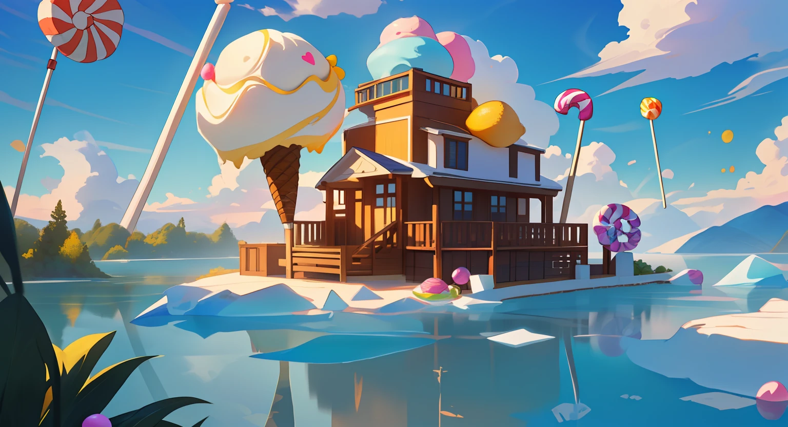 Cartoon style game scene, dusk white clouds, sky, childlike happy atmosphere, the whole picture is bright yellow as the main color, colorful colors, (ice cream), ((candy)), (fruit), close-up ice cream river, cartoon cute ice cream, card ventilator, candy world, lemon pinwheel, fairy tale world, ultra HD, master masterpiece, best quality, realistic lighting, masterpiece, high quality, beautiful graphics, global illumination, (HDR:1.3), best quality, 8k, perspective, depth of field, high resolution,