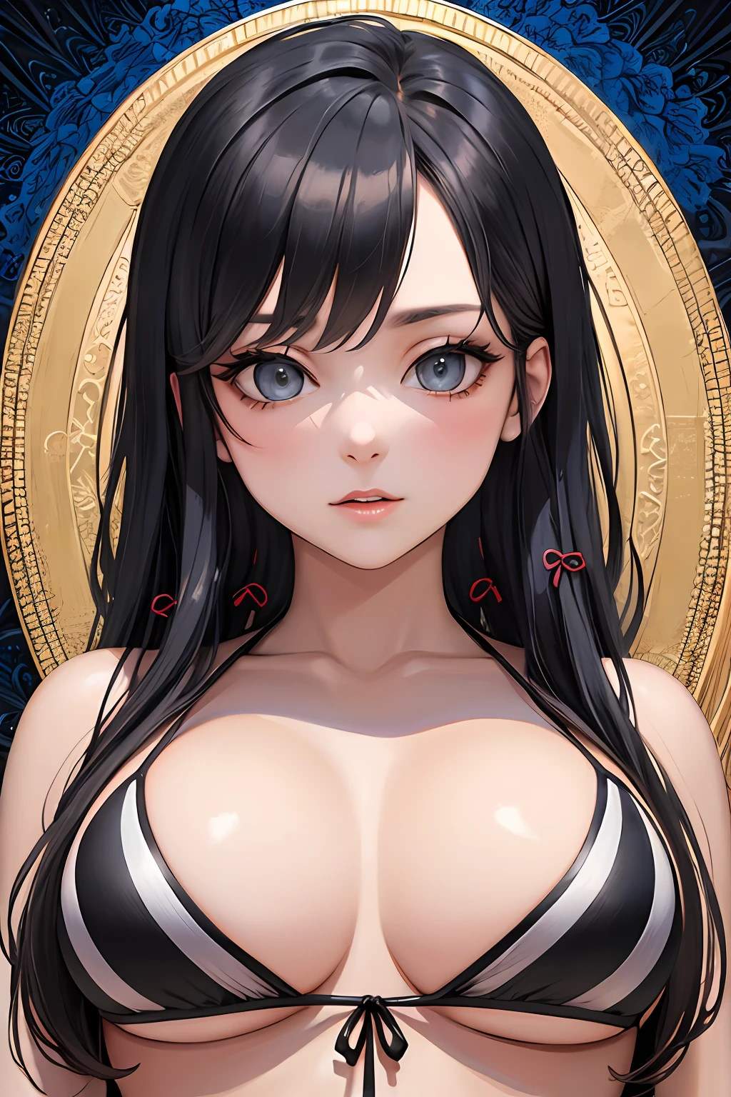 (Masterpiece, Top Quality, Best Quality, Official Art, Beautiful and Aesthetic: 1.3), (1 Girl: 1.5), Very Detailed, (Fractal Art: 1.1), Supreme Detail, (Zentangle: 1.2), (Abstract Background: 1.3), Black Hair, (Bikini: 1.5), (Shiny Skin), (Many Colors: 1.1), (Big)))), Big breasts, Light areolas, ((((Front)))