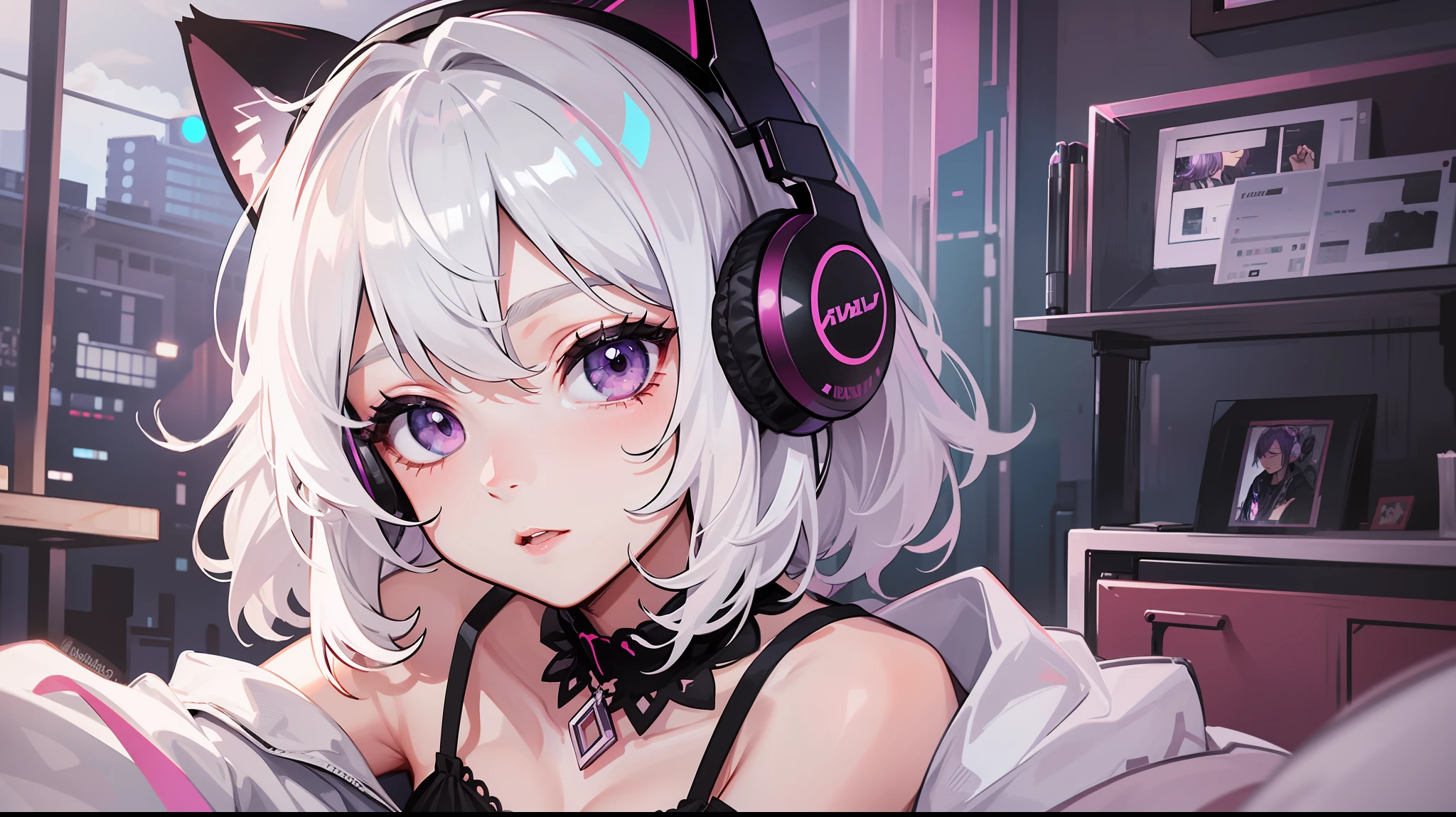 Woman with peace sense headset, closed eyes, beautiful face, RGB colors, bright purple hair, anime, bright background, banner for youtube video, happy girl, clouds with RGB colors, bright RGB colors.