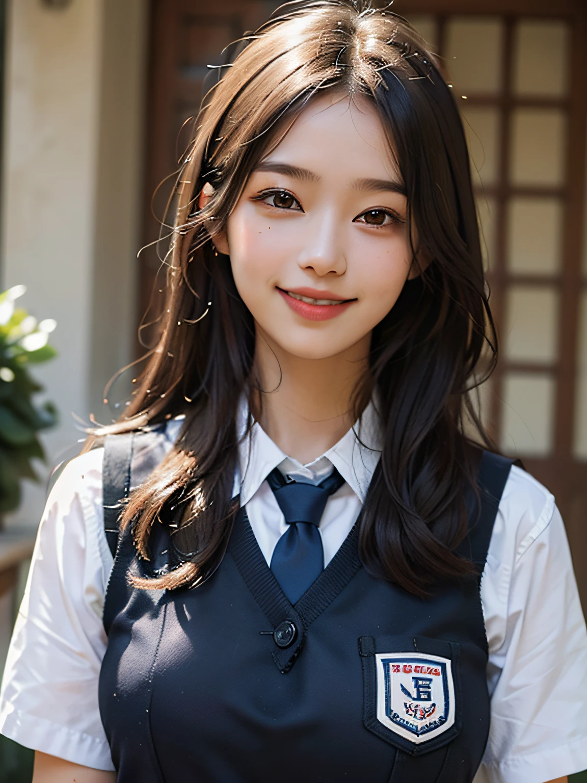 Top Quality, Masterpiece, Ultra HD, Photorealistic, 1girl, Smile,Schoolgirl Uniform,Adult Cute,