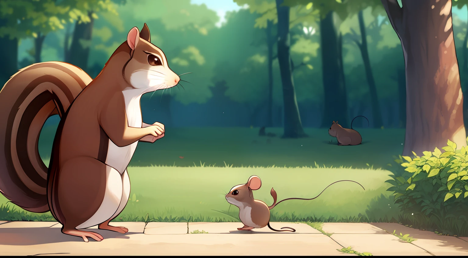 (1 mouse, very big), (1 squirrel, small), forest, squirrel and mouse facing each other