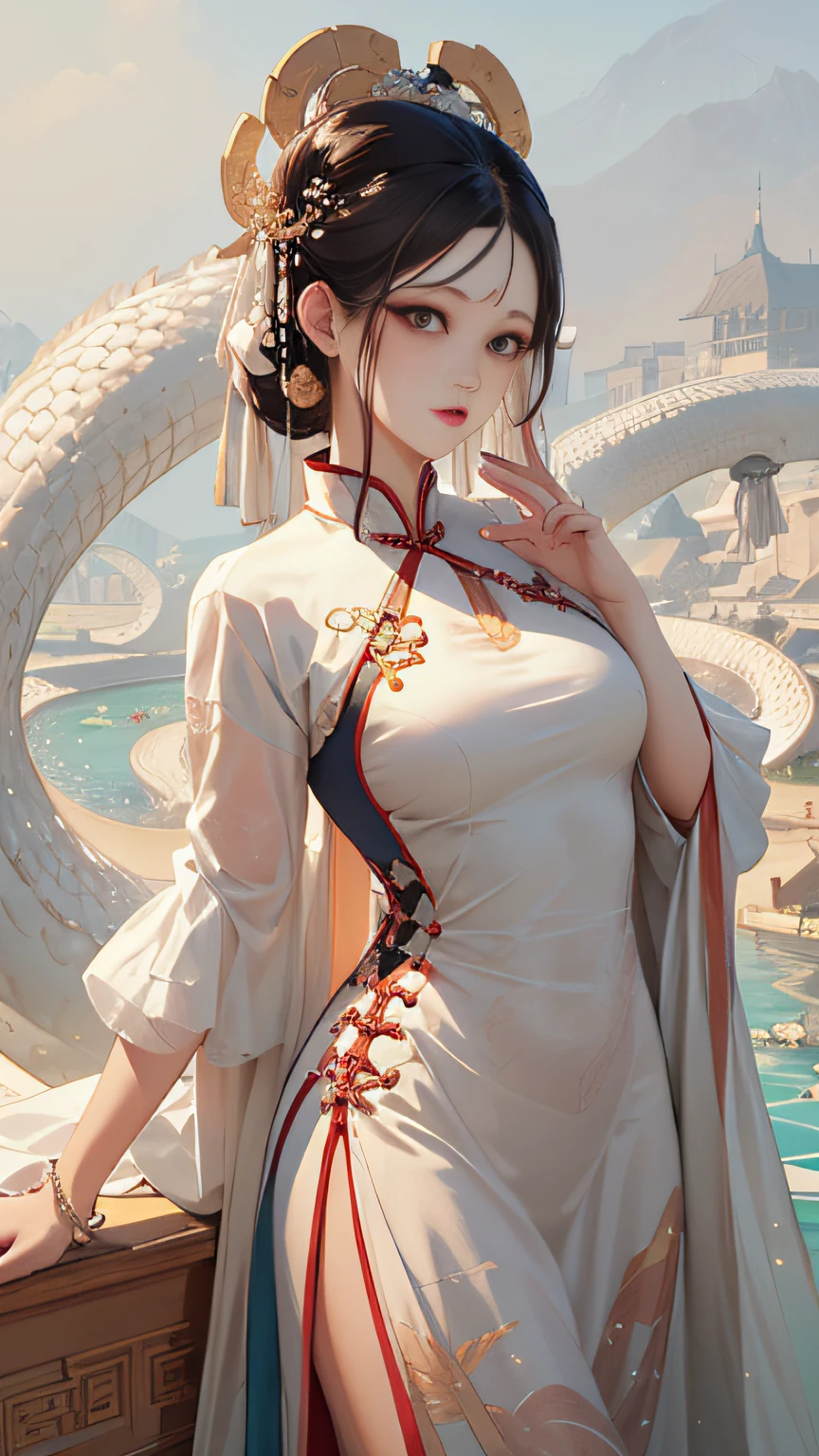 Masterpiece, Top Quality, Best Quality, (Beauty and Aesthetics: 1.3), Extreme Detail, (Fractal Art: 1.3), Extreme Detail, (Fractal Art: 1.3), Colorful, Lake, White Snake, Giant, White and 1 Girl, Cheongsam Girl Media, Cheongsam, White, Detailed Eyes, Detailed Fingers
