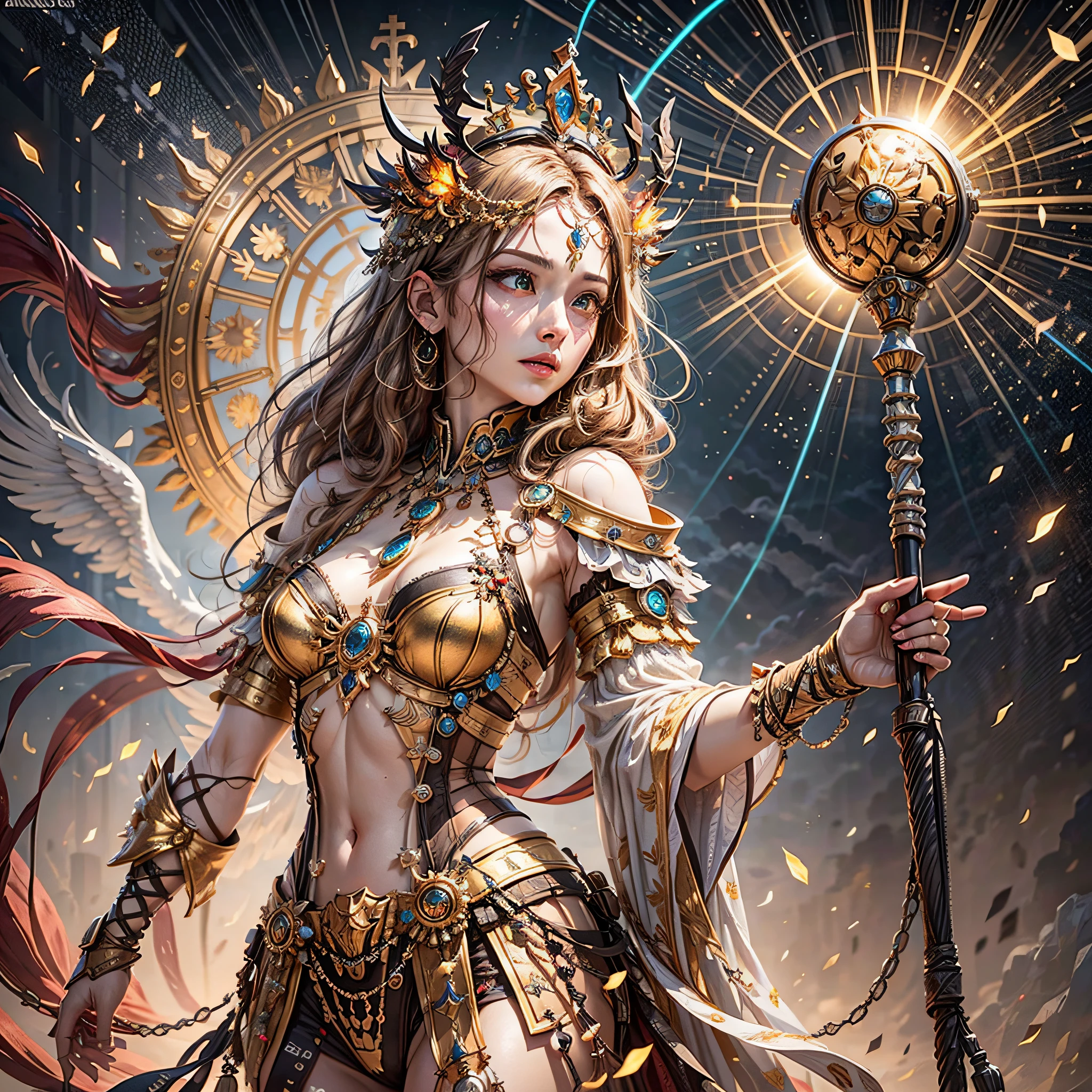 1girl, beautiful empress of the sun, detailed eyes, detailed face, detailed skin, mature body, tall body, seductive body, medium large chest, medium thigh, desert BREAK and pyramid bottoms, holding only a holy sun scepter, phoenix dragon in the sky, highly saturating sun rays, holy ceremony, angelic halo, dazzling golden and orange spark around, sacred magic circle, golden crown, golden majestic lightning, best quality, masterpiece, trend in art station, BREAK, detailed, realistic, highly detailed digital art 4k, octane rendering, bioluminescent, BREAK 8K resolution concept art, realism, by Mappa studios, masterpiece, best quality, official art, illustration, ligne claire, (cool_color), perfect composition, absurd, fantasy, focused,