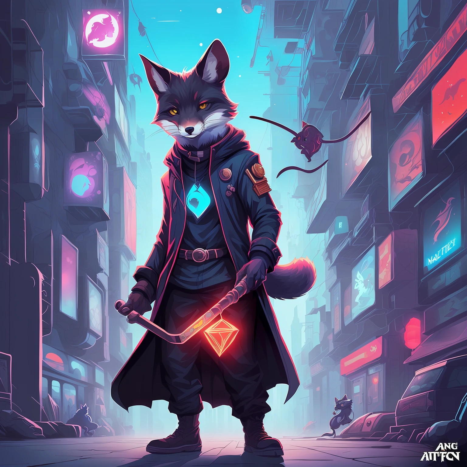 there is a blue scaled mouse that is holding a wand and a wand, jen bartel, beeple and jeremiah ketner, dark fox mage, furry fantasy art, cyberpunk cat, cosmic tiefling d&d, magic the gathering art style, magic the gathering artstyle, full art illustration, painted in the style arcane, cyberpunk mouse folk engineer