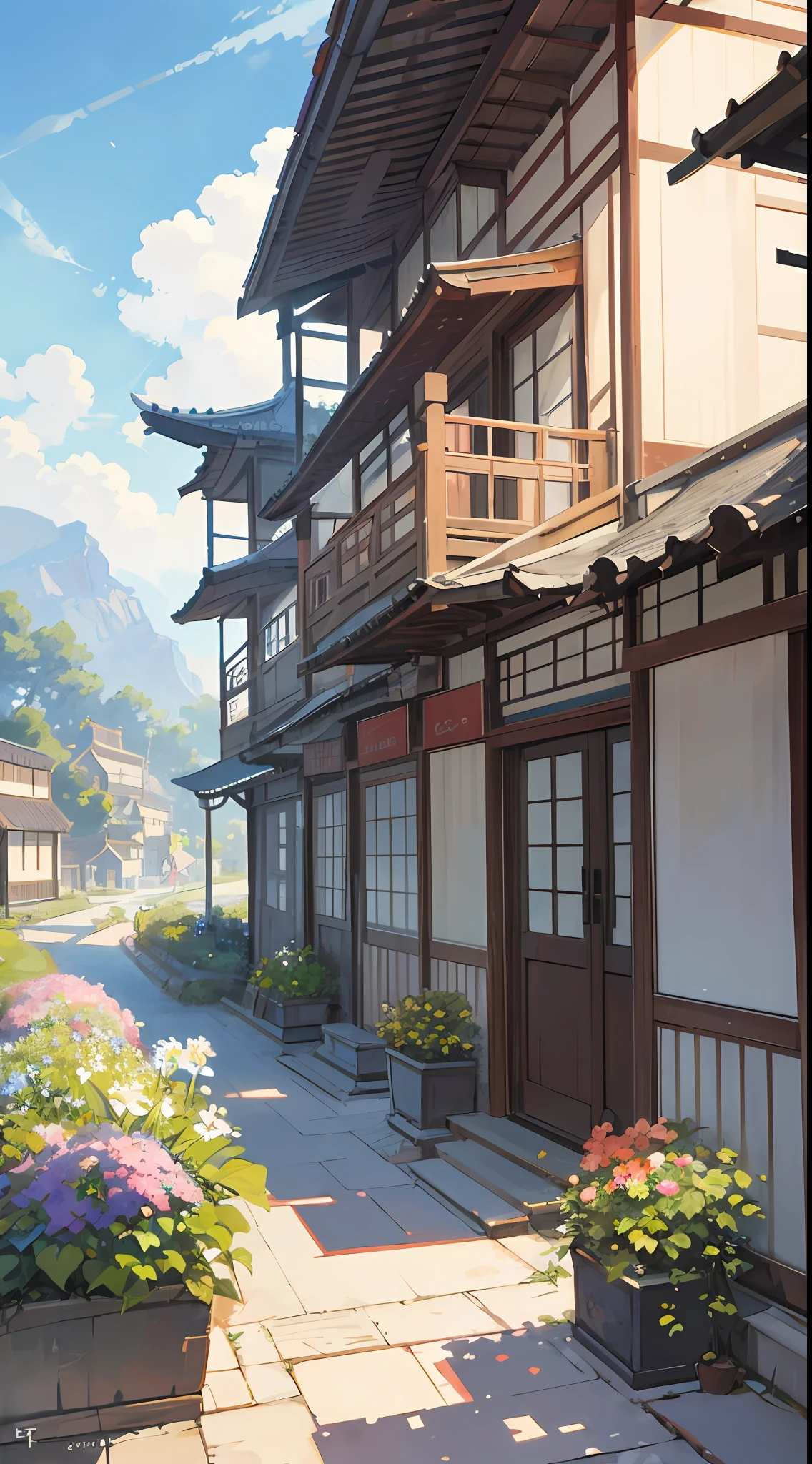 A garden painting with table and chairs and a blossom tree, anime background art, beautiful anime landscape, fantastic chinese town, chinese village, beautiful artwork illustration, landscape art detail, landscape artwork, beautiful anime scene, anime landscape, 8k high quality detail art, anime landscape concept art, japanese town, anime beautiful peace scene, strong light and shadow, texture