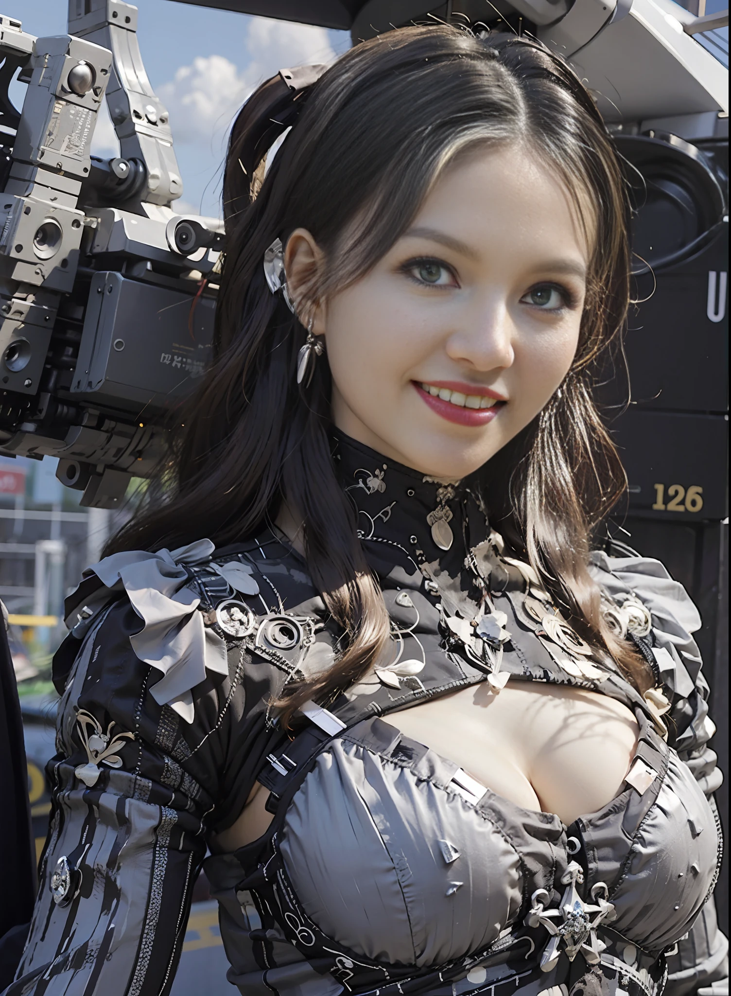 8K, best quality, masterpiece, super high resolution, (realism: 1.4), girl futuristic suit, in the sky, in cockpit, on the clouds, air battle, falling plane, mechanically built bird, real woman, cleavage, real face, cute girl, smile, perfect cyborg girl wearing sci-fi headphones, beautiful female , beautiful girl cyborg, silver hair, manipulator, CG,