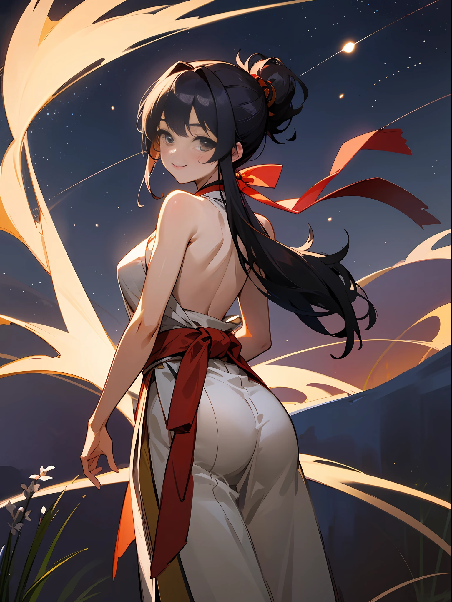 Masterpiece, super high quality, super detail, perfect drawing, beautiful girl in loincloth, Japan outfit, shirtless, bountiful breasts, back appearance, cute face, loli big ass, looking back with a cute smile, 3 sizes B95W60H90, Beautiful Girl, Samurai, in yukata, Black Ponytail, Hair tied up with a large red ribbon, Equipped with two Japan swords,blush (0.2), night view, coolness, bamboo, tanabata, milky way, summer triangle, scenic, wind current, elegance, beautiful background, accurate drawing, detailed drawing