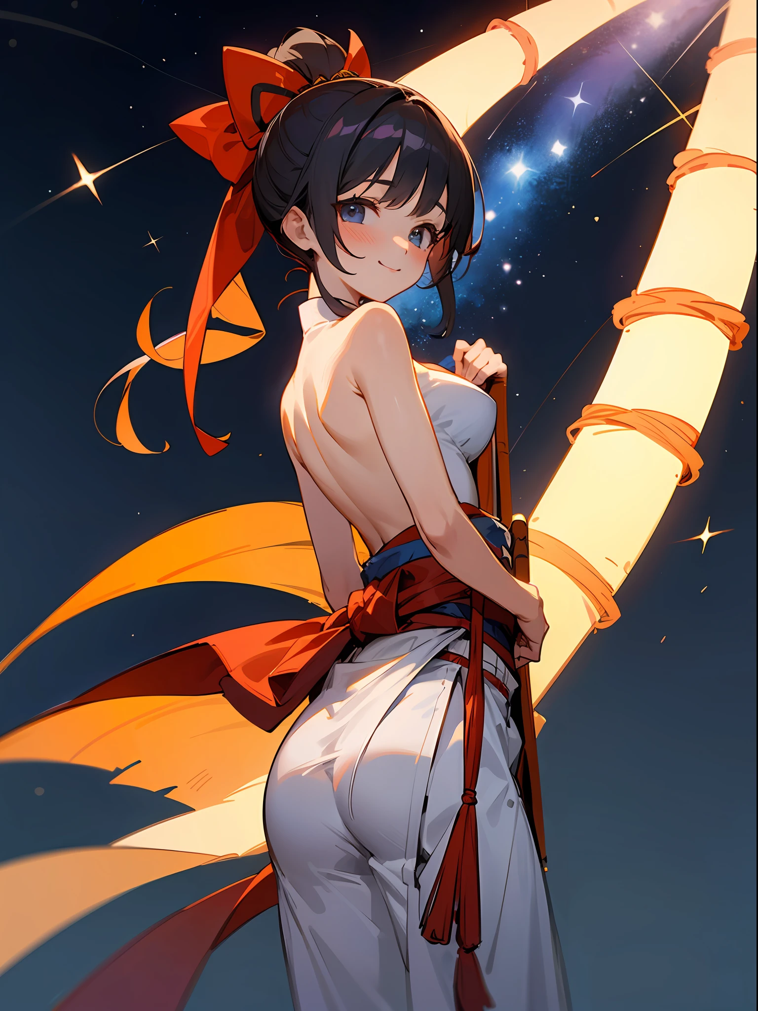 Masterpiece, super high quality, super detail, perfect drawing, beautiful girl in loincloth, Japan outfit, shirtless, bountiful breasts, back appearance, cute face, loli big ass, looking back with a cute smile, 3 sizes B95W60H90, Beautiful Girl, Samurai, in yukata, Black Ponytail, Hair tied up with a large red ribbon, Equipped with two Japan swords,blush (0.2), night view, coolness, bamboo, tanabata, milky way, summer triangle, scenic, wind current, elegance, beautiful background, accurate drawing, detailed drawing