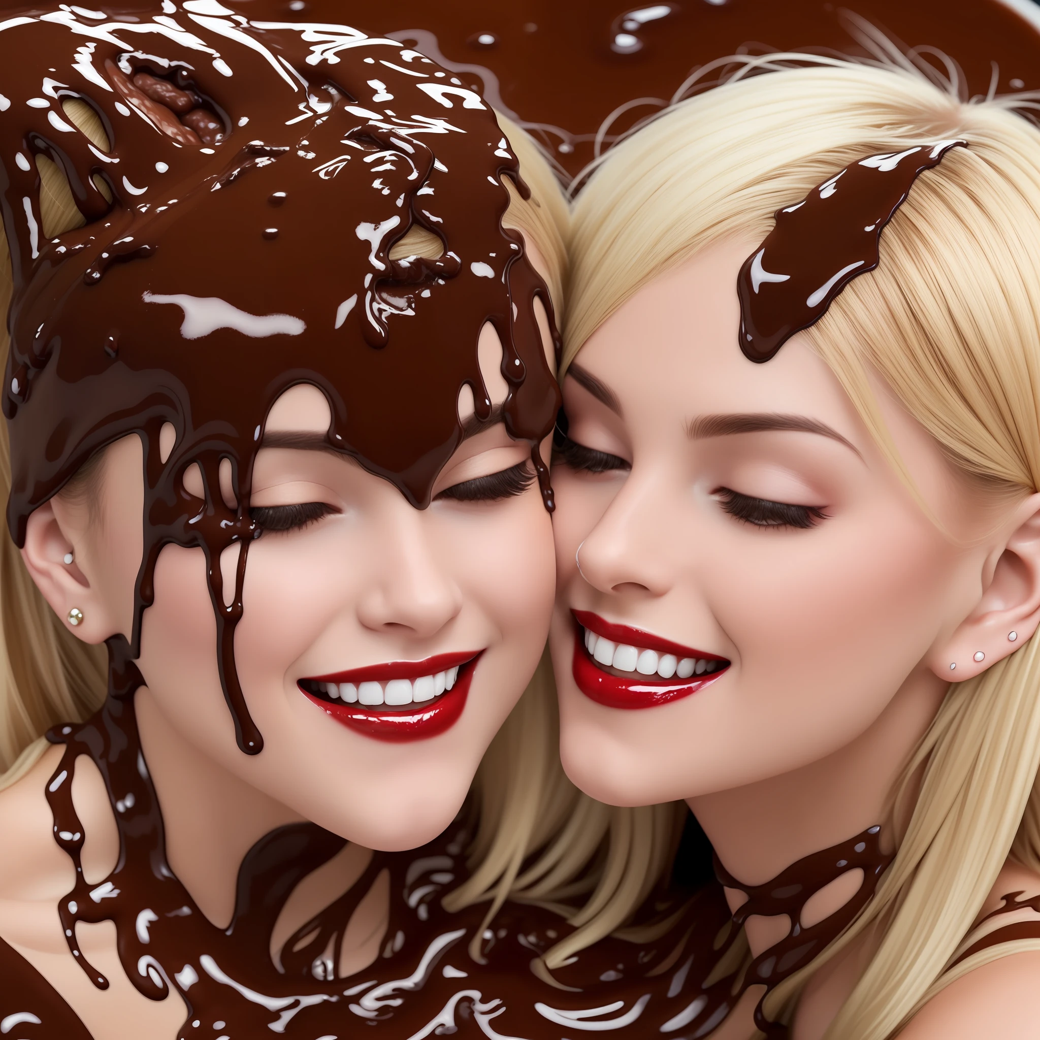 Photo realism, 4k, detail, (2 sexy blonde women), ((kissing each other as large quantities of chocolate sauce pours on their heads)), hugging, slim, petite, aged 24, perfect face, air stewardess, beautiful blonde hair, (only the top half of her head as she sinks beneath the surface of the chocolate sauce), (she is engulfed by the liquid chocolate sauce), laughing, smile, pretty, make up, red lips, (liquid chocolate sauce pours onto her beautiful hair)
