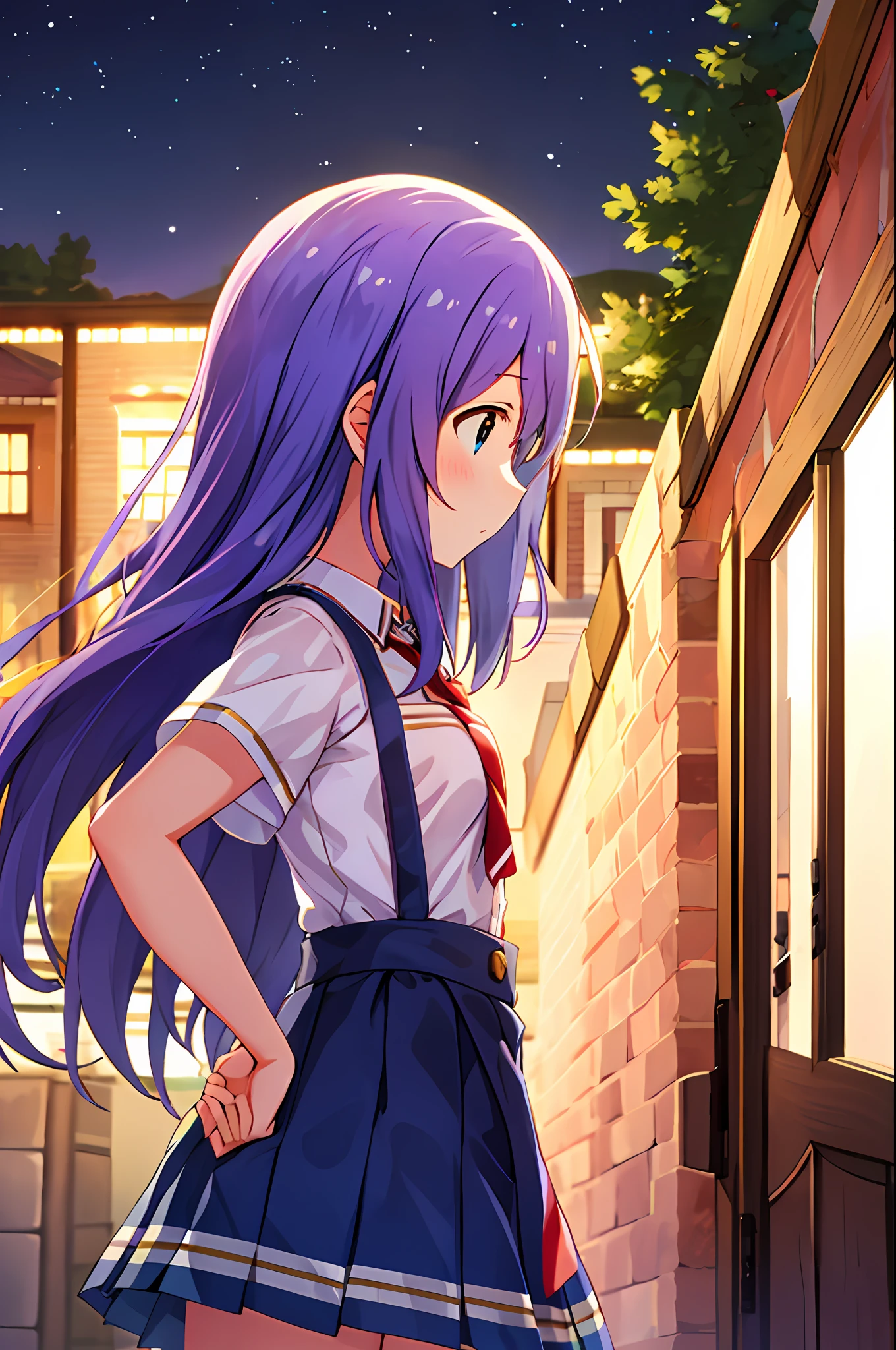 Anna Mochizuki (Million Live), (Top Quality, 8K, Masterpiece, Super Detail: 1.2), 1 Girl, Suspender Clothes.Skirt.Blushing, Clavicle, Bow, Ribbon, Blue Bow.Night.Night View.Opendoor.Hands on Your Waist.Chest Outlook.Breasts.Side view.