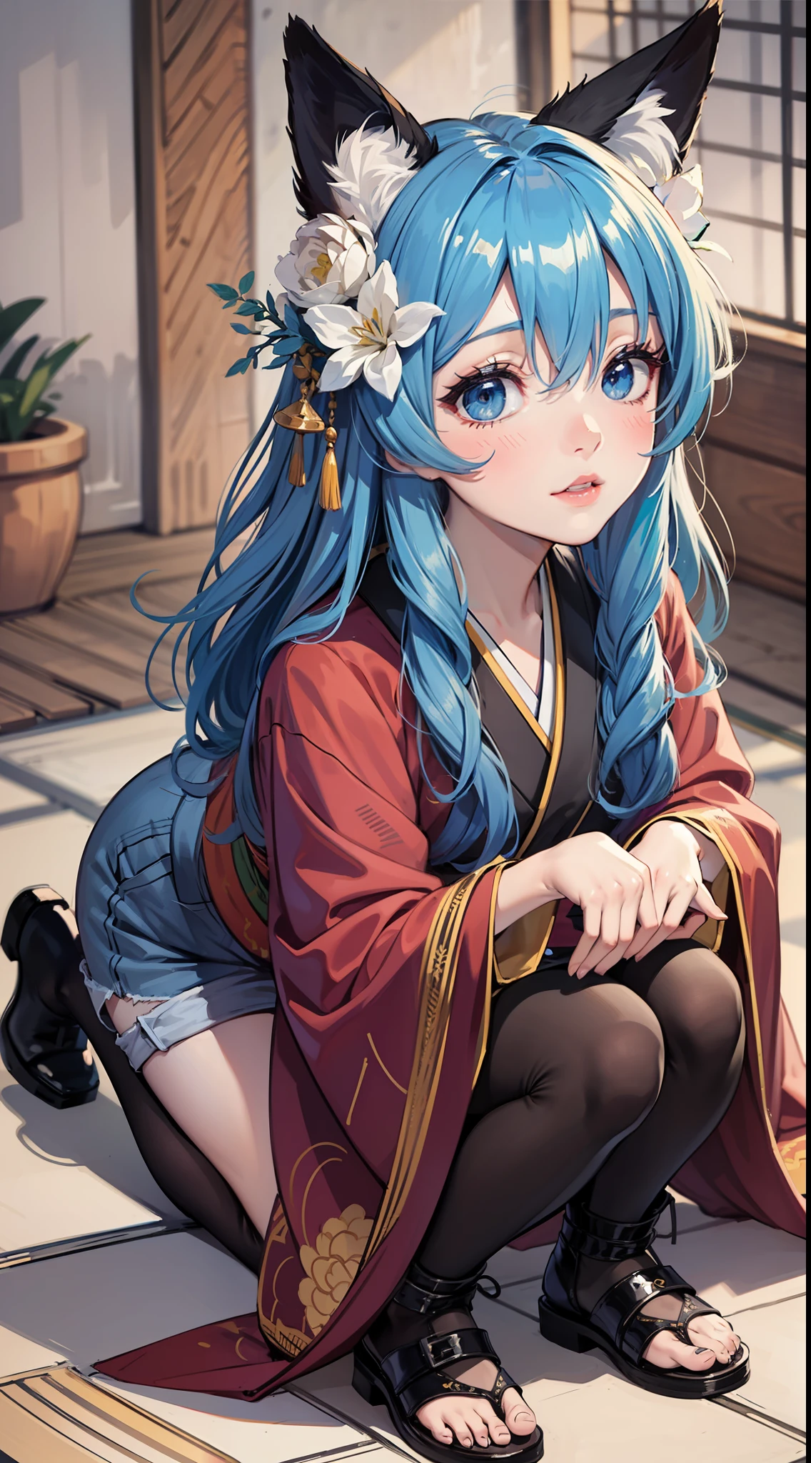 masterpiece, best quality,Sketch of hair flower, flower, hair ornament, 1girl, animal ears, blue eyes, white flower, long hair, solo, black footwear, looking at viewer, blush, long sleeves, animal ear fluff, blue hair, parted lips, bangs, japanese clothes, full body, extra ears, hair intakes, shorts, sash, all fours, kimono, hair between eyes, fox ears, shoes,