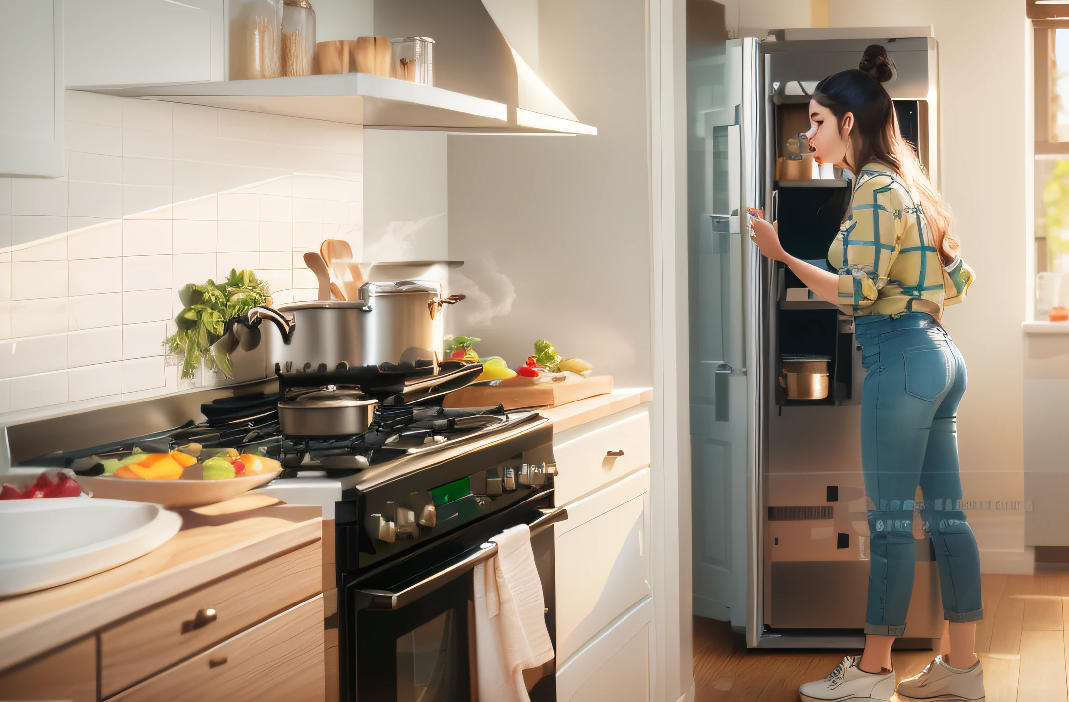 Woman standing in kitchen looking at food in the fridge, in the kitchen, on a sunny day, real scenes, steaming food on the stove, fridge, in a simple kitchen, cooking, delicious, young woman in her 20s, movie full shot, looking to the side, oven