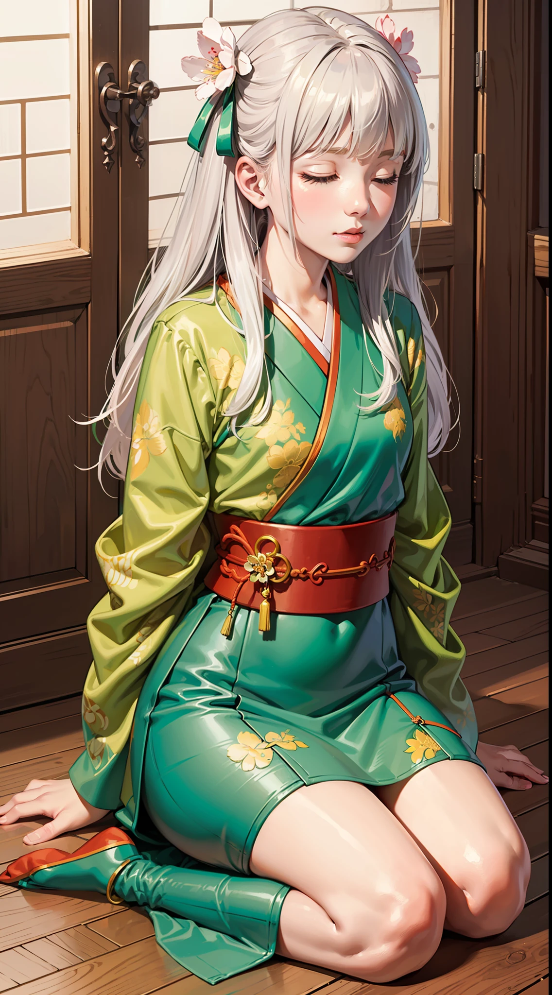 (original), (masterpiece) , (best quality) , (reality:1.3) , photorealistic, Octane rendering, (surreal:1.2) , perfect features,1 girl, colorful,translucent hair, (glowing inner hair),the perfect appearance,white hair,(closed eyes),long hair,hime cut, cowboy shot,(hanfu),(Peach Blossom Tree:1.2),(Dark green clothes:1.4),(kneeling,wood floor,Golden Hairpin,hand on own knee),(Facing the viewer:1.4),(flat color:1.2)