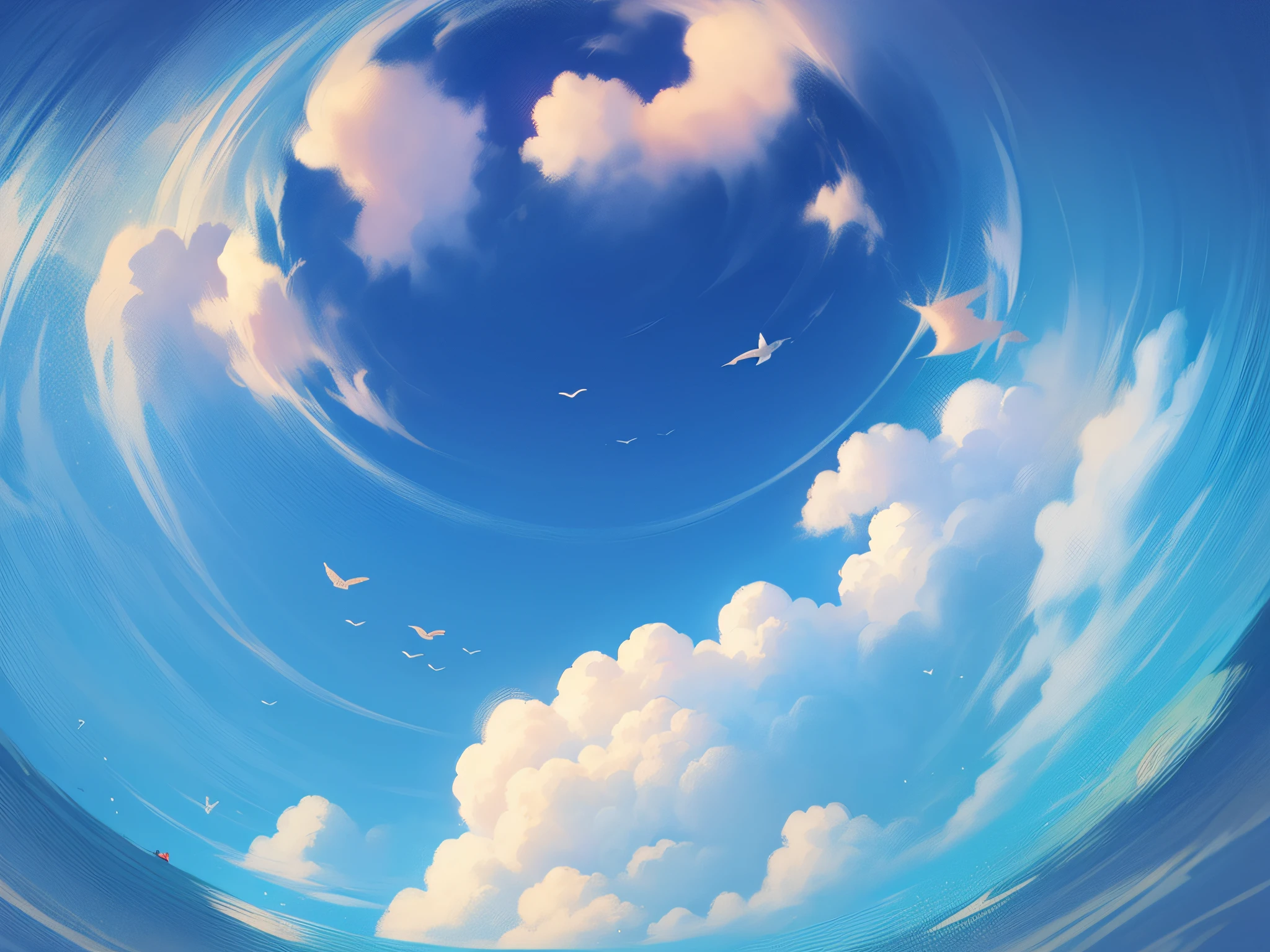 Blue sky background, healing fresh color, white clouds, fresh color, fisheye effect, look up effect, wide angle lens