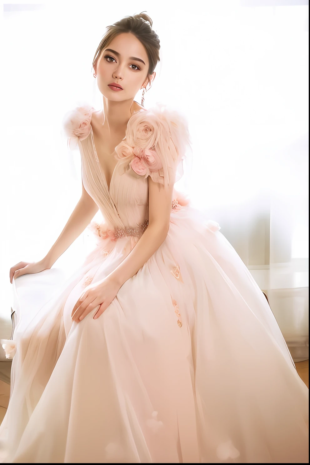 a woman in a pink dress sitting on a chair, soft elegant gown, wearing a pink ballroom gown, romantic gown, wearing organza gown, with soft pink colors, dreamy and ethereal, ethereal fairytale, soft blush, wearing pink floral gown, dressed beautiful gown, romantic dress, dreamy style, ethereal!!!!!!!, very ethereal, very magical and dreamy, long luxurious gown
