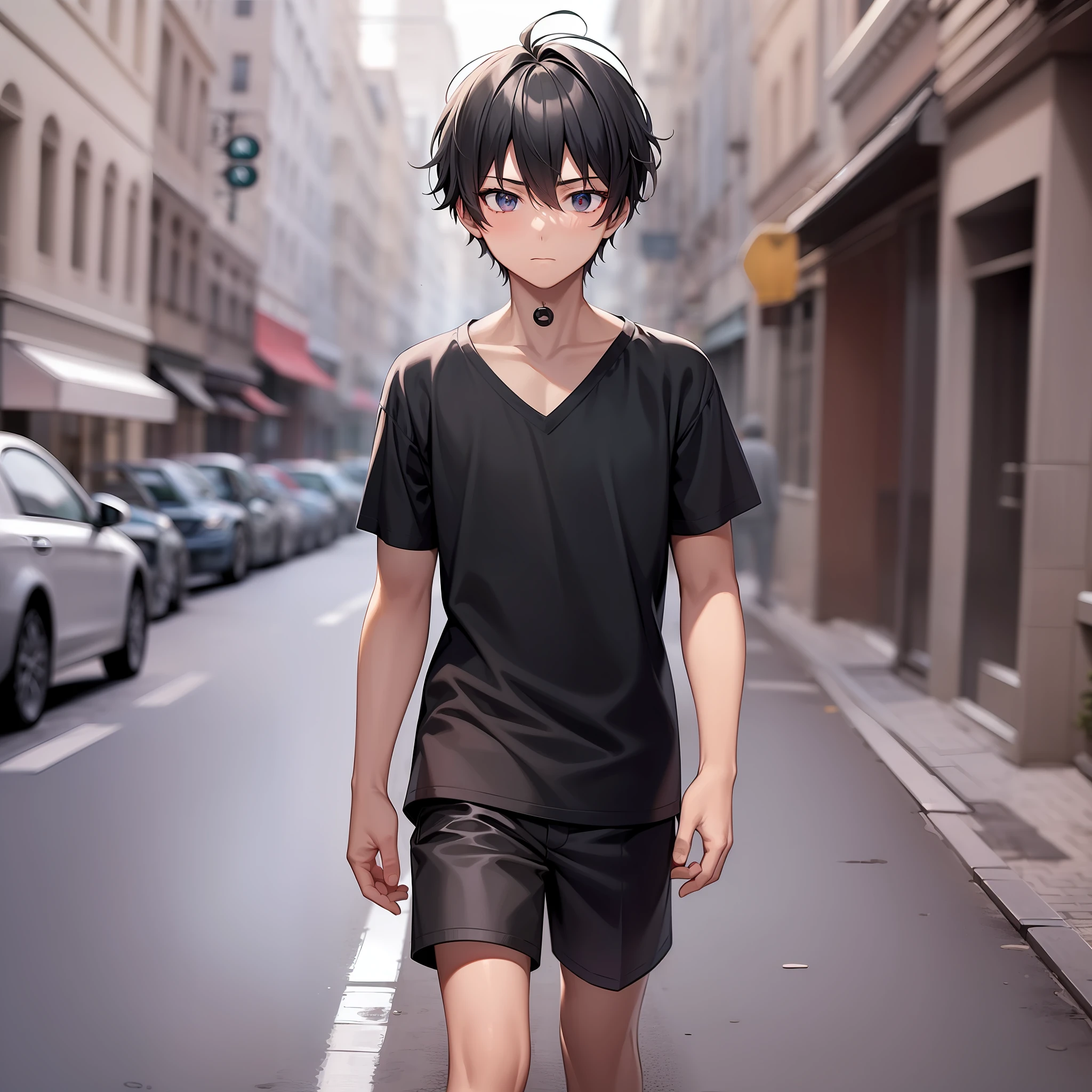 (solo,1 young boy) ((1boy,anime young boy in red v neck short shirt and black short pants walking down a street)), anime boy with black curtain hairstyle, potrait,face to face