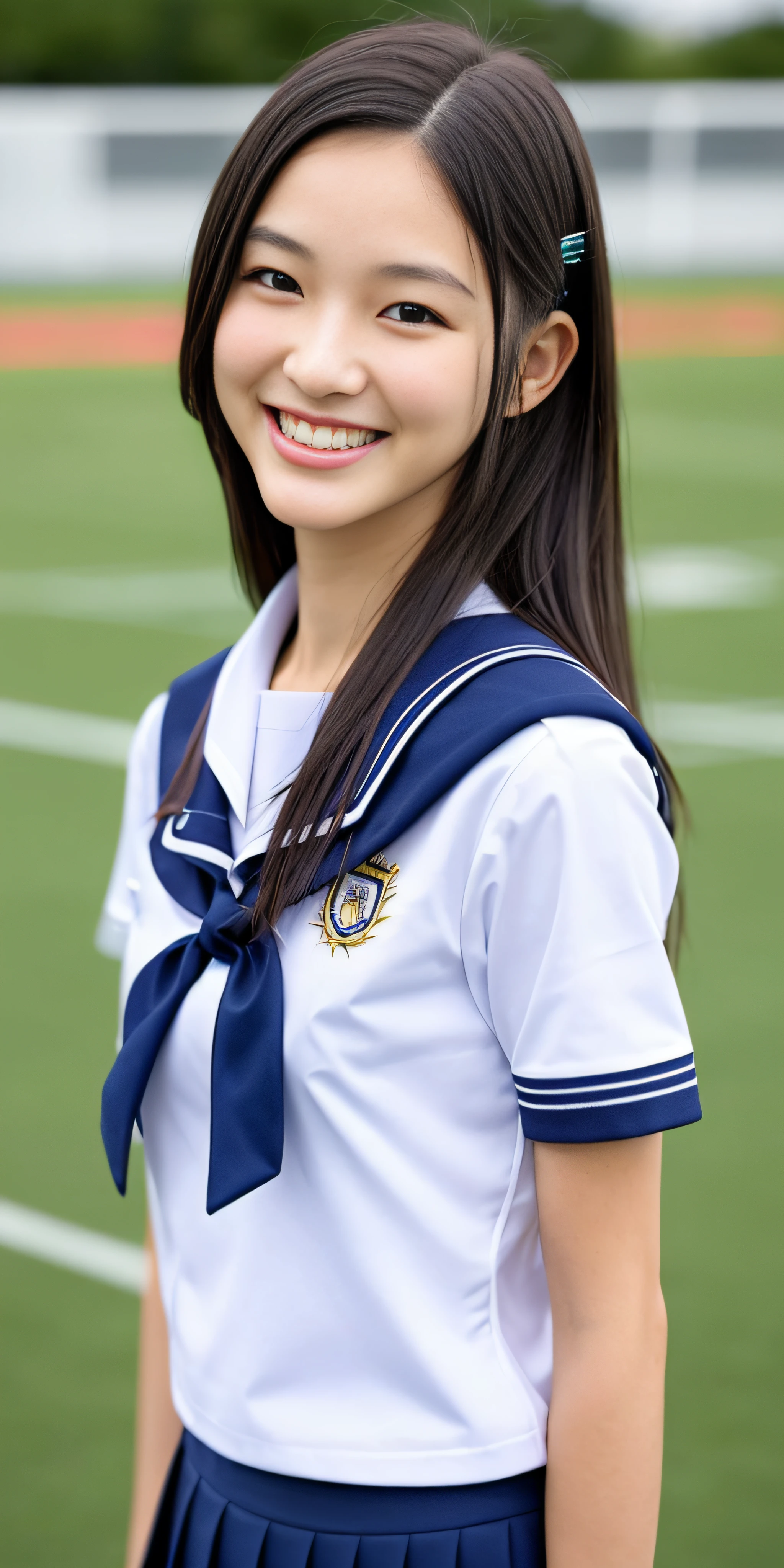 neat college girl, (school uniform, sailor uniform, ribbon tied at chest, summer uniform, upper body white, skirt dark blue, short sleeves), outside the athletic field, (slim), photorealistic, detail, skin texture, ultra detail, delicate and sexy collarbone, smile, super detailed face, detailed lips, detailed eyes, double eyelids, small breasts, small breasts, small, small, flat chest