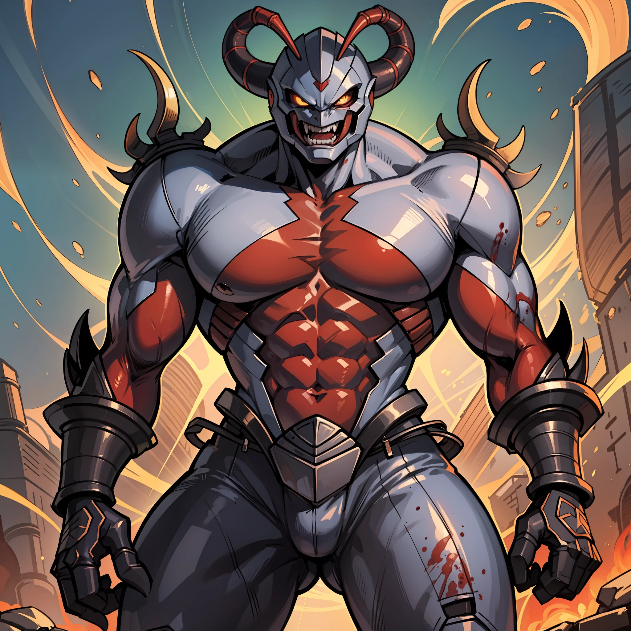 One man, a cartoon alien with an unusually developed muscular body, protruding blood vessels, claws and a red body, hercules beetle, horns, fangs, celshade, Guyver style,