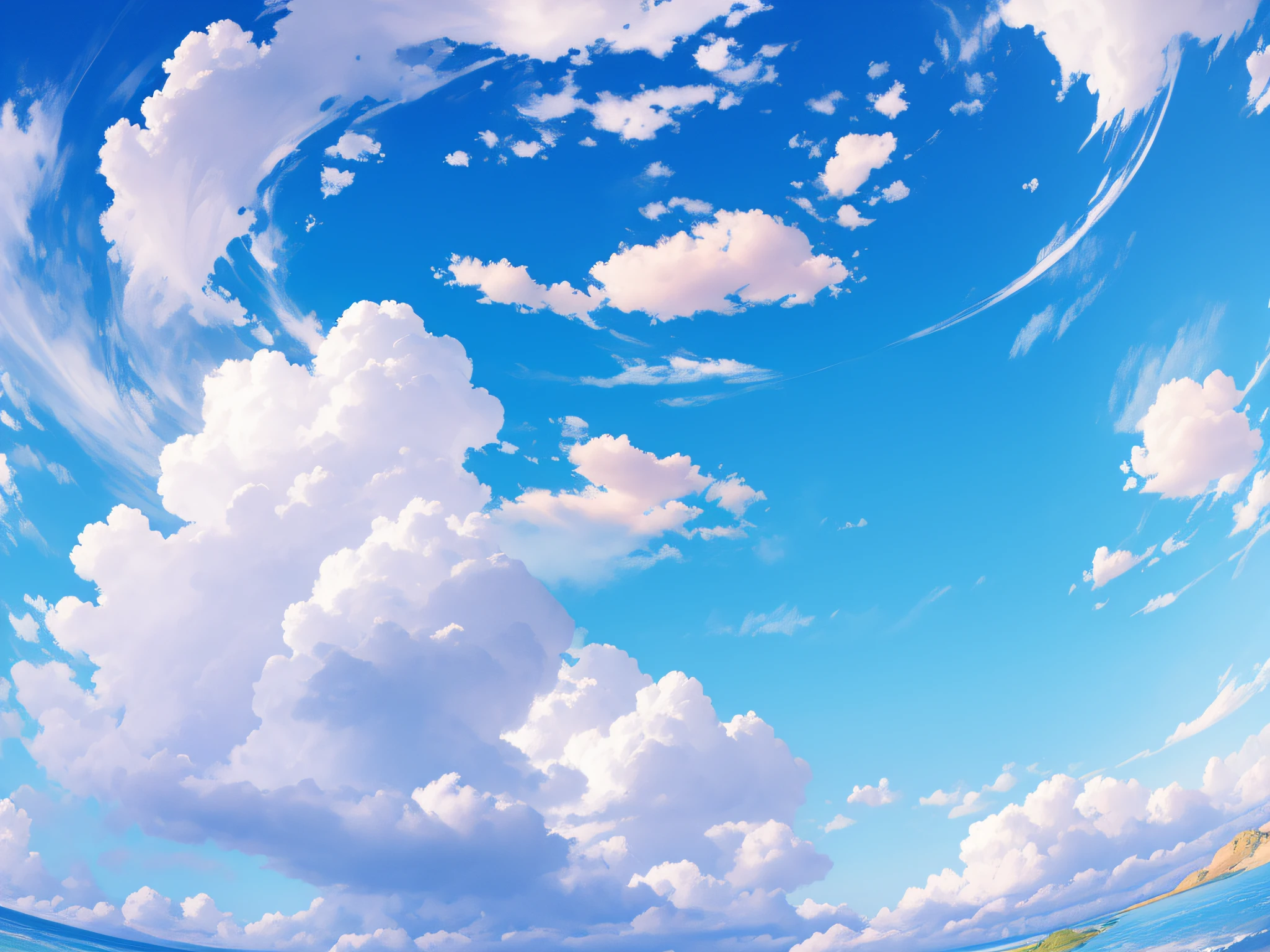 Blue sky background, healing fresh color, white clouds, fresh color, fisheye effect, look up effect, wide angle lens