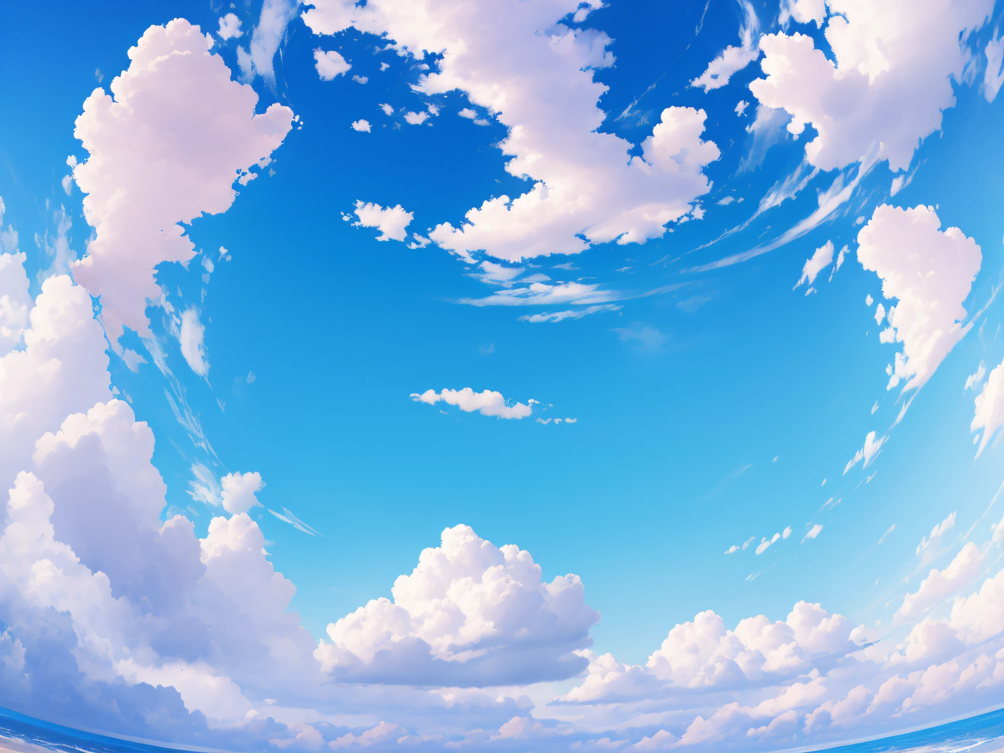 Blue sky background, healing fresh color, white clouds, fresh color, fisheye effect, look up effect, wide angle lens