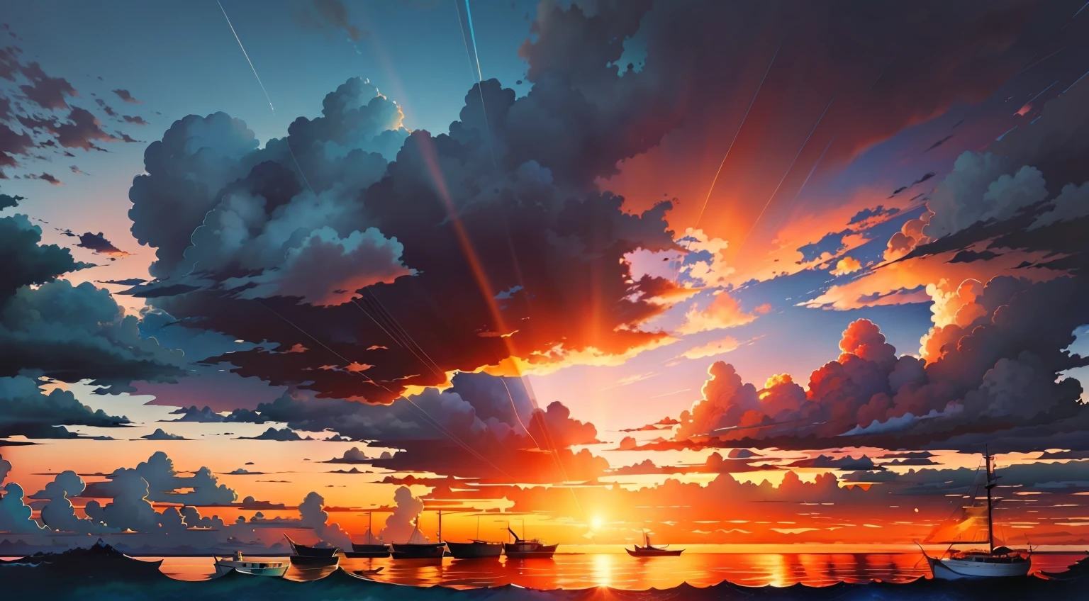 sunset over the ocean with clouds and a boat in the water, epic sunset, glowing clouds, beautiful sunset, anime clouds, amazing sky, anime sky, cloudy sunset, stunning sunset, burning clouds, spectacular sunset, dramatic sunset, epic sunrise, colorful sunset, atmospheric fantasy sky, magnificent background, vibrant sunset, beautiful sunrise, colorful skies, beautiful sunset glow, vibrant sunrise