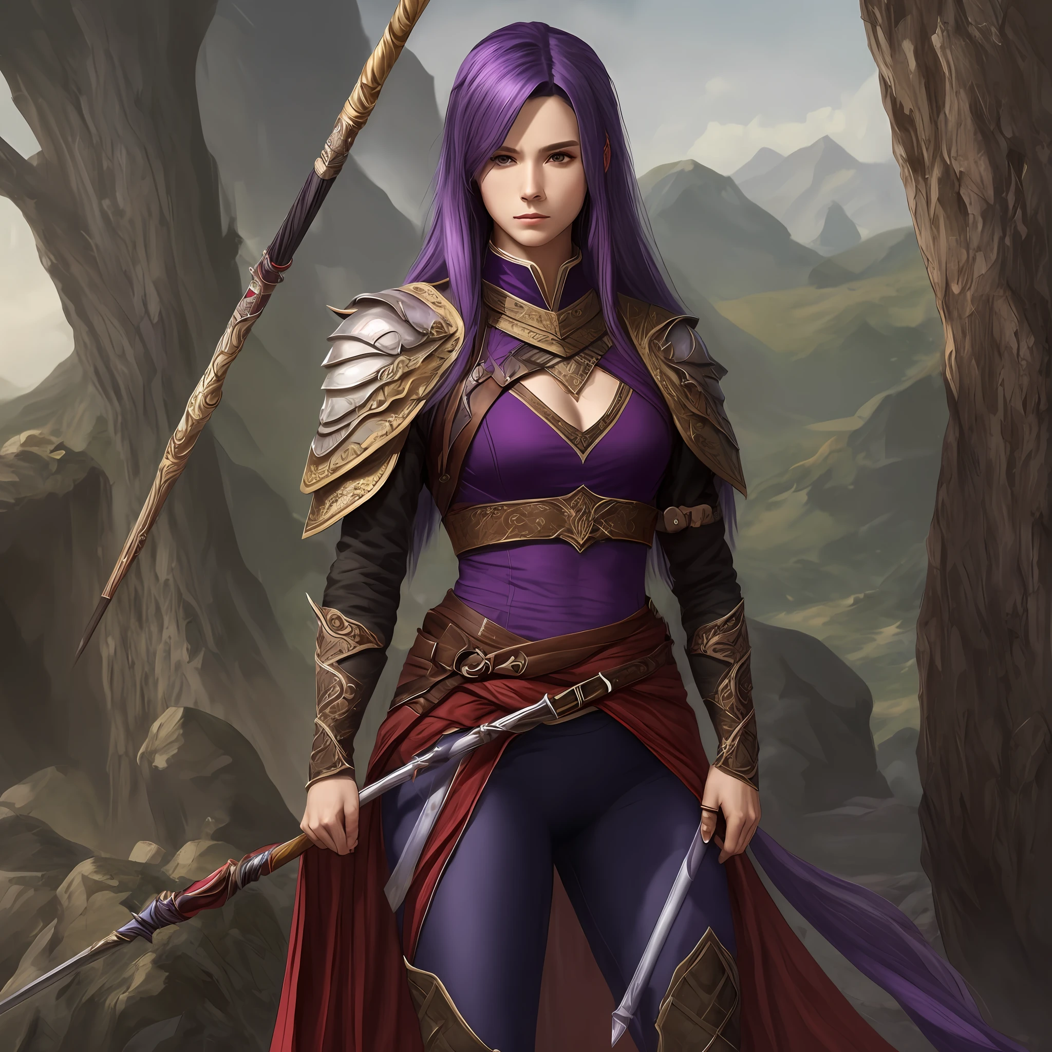 Purple hair, red long spear, purple full-body tights, chest pad, long hair that reaches to the waist --auto