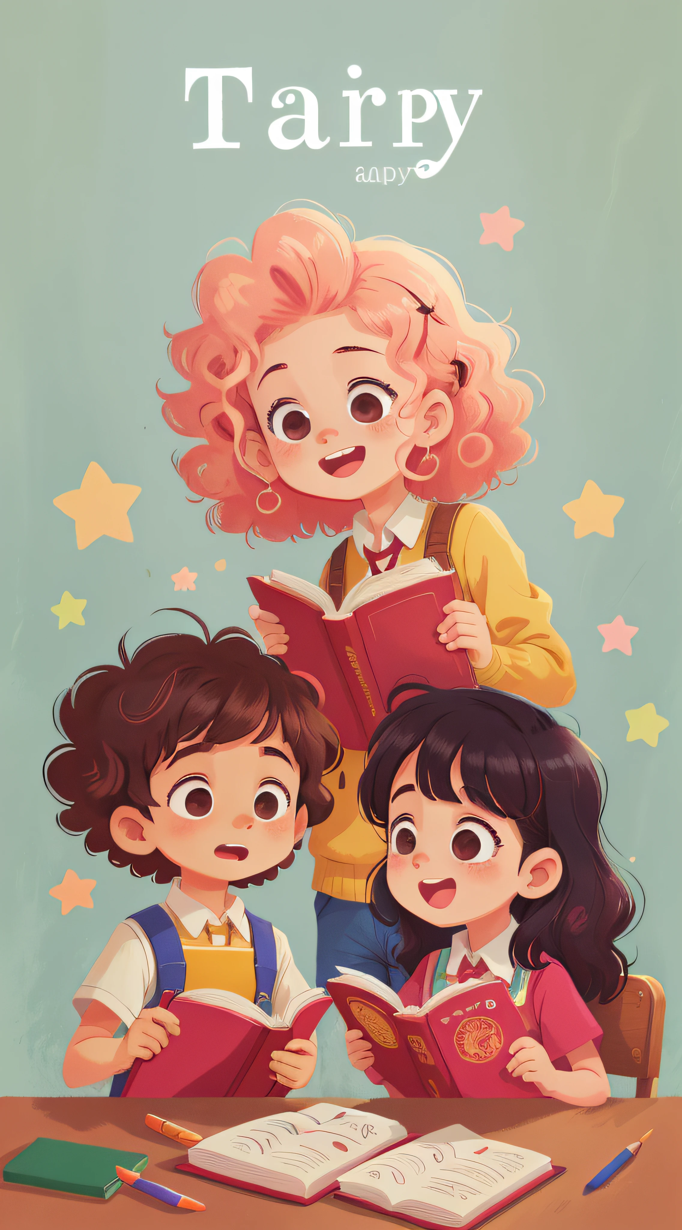A boy, a girl, a teacher, happy learning, curly hair, super high resolution, illustration effect for poster or magazine, simple background, lots of white space, pastel colors (hand details: 1) best quality, book cover
