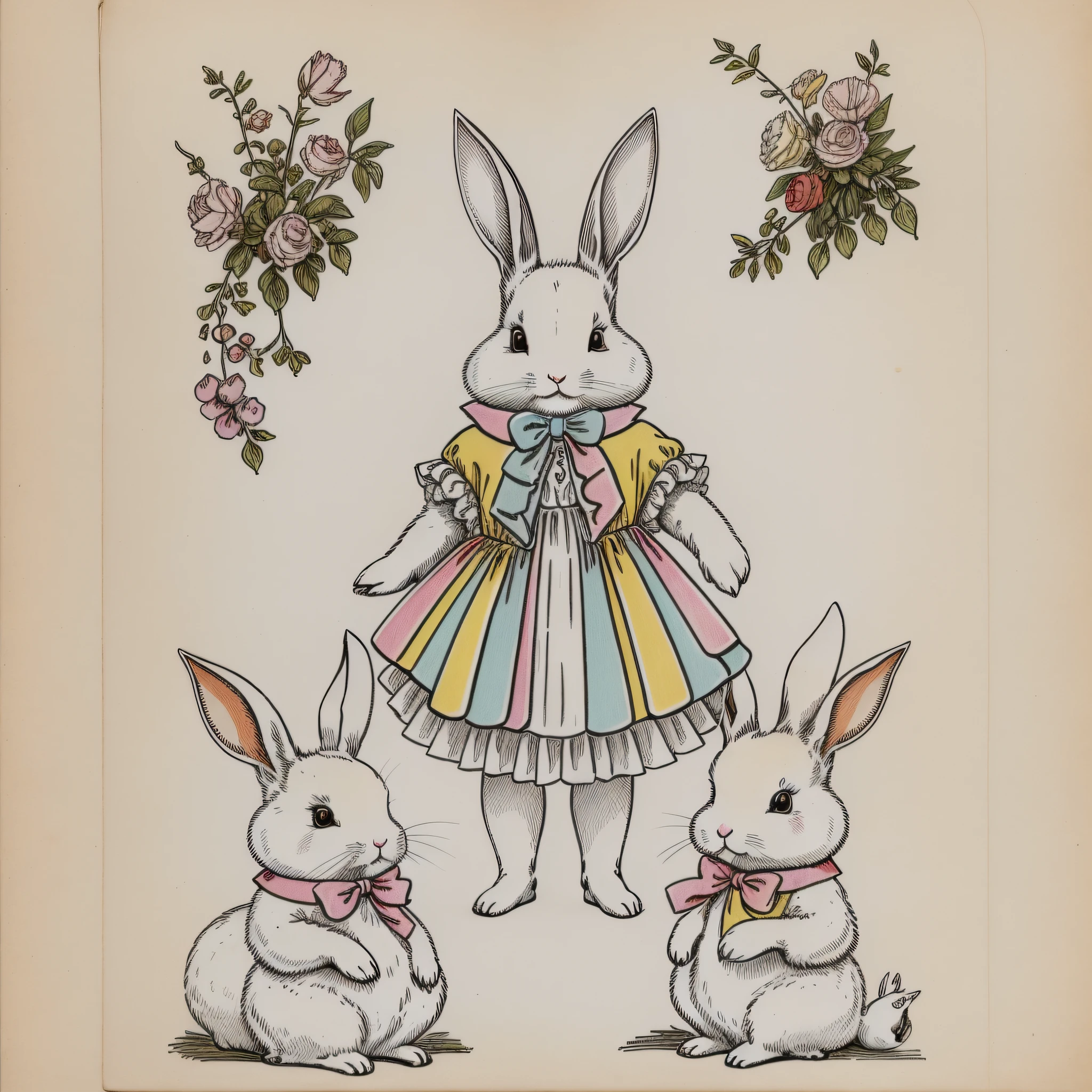 Children's picture book drawing, dressed rabbit, white rabbit, bipedal, rabbit personification, three-headed body, setting drawing, cute, two rabbit ears, color illustration, setting material, colorful colors, deformed rabbit, 18th century french clothing,