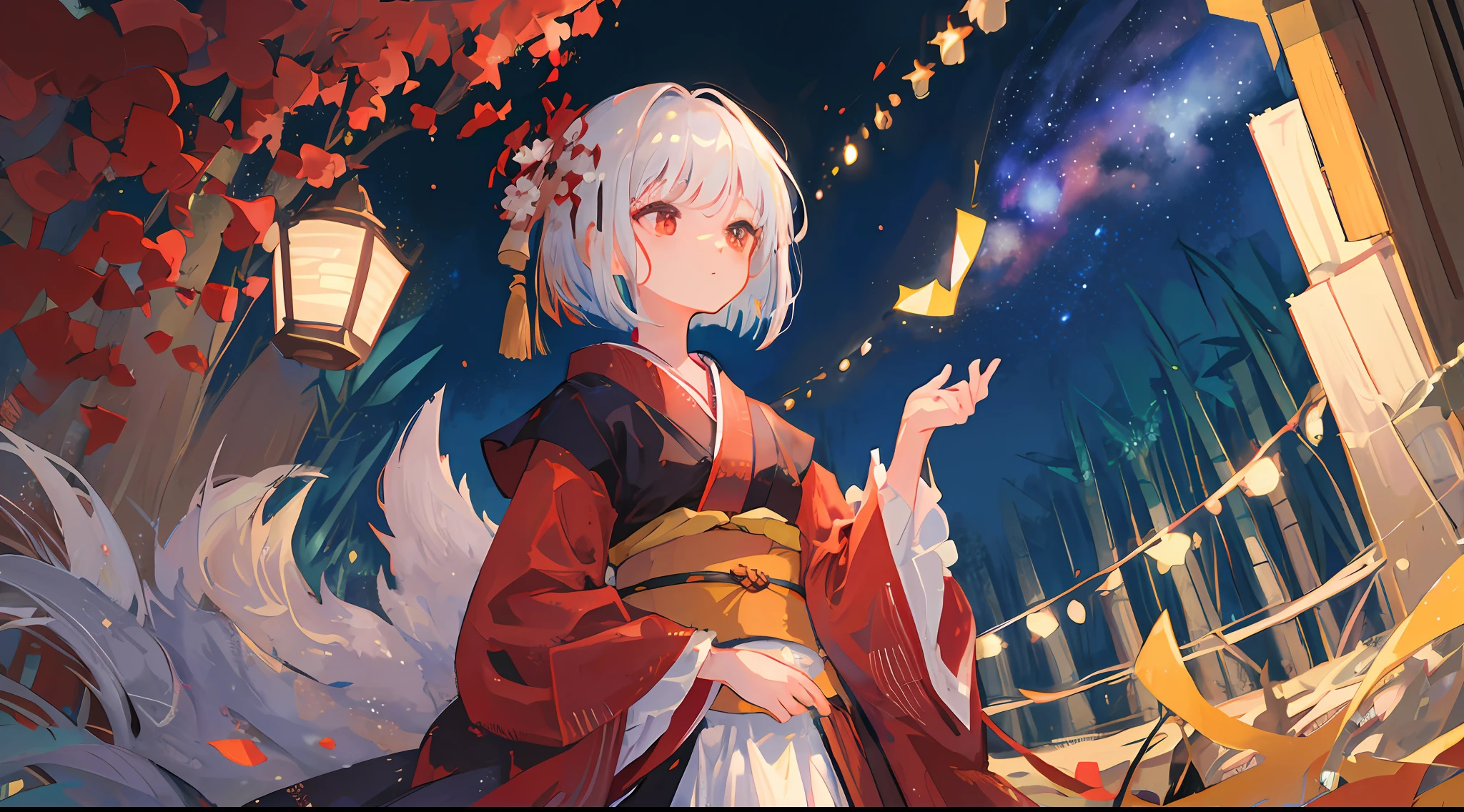 girl, silver hair, red eyes, bob cut, red flower kimono, looking up at the sky, surrounded by bamboo forest, fantastic lights, night, starry sky, milky way, glittering
