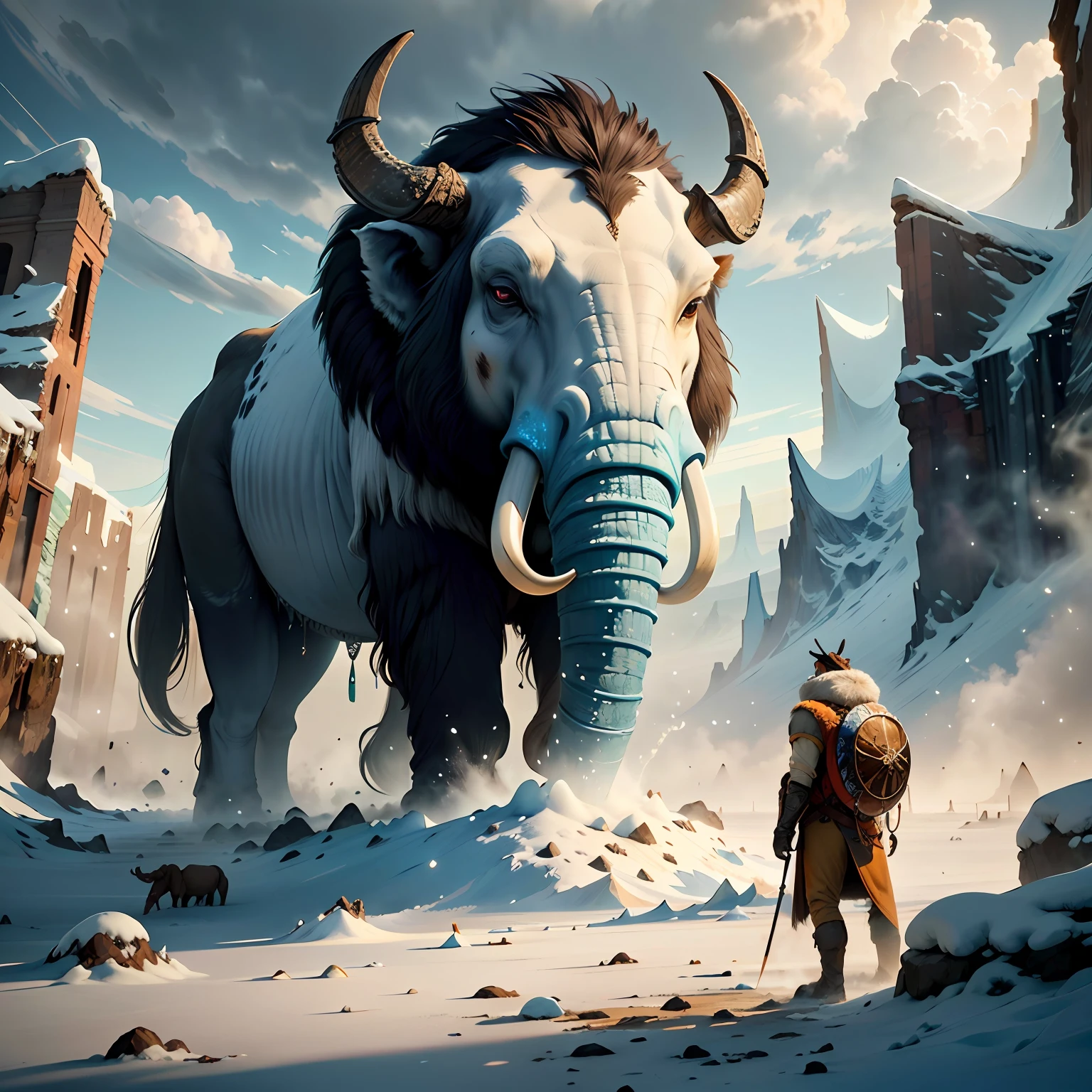 The earth cools, and even the appearance of an ice age climate, ice age age, a large number of glacial structures, a land of ice and snow, there are many ancient animals, such as giant mammoths, extreme details, realistic light, epic composition, (complex details), (complex design, super details: 1.2), art station, (masterpiece, best quality), super HD