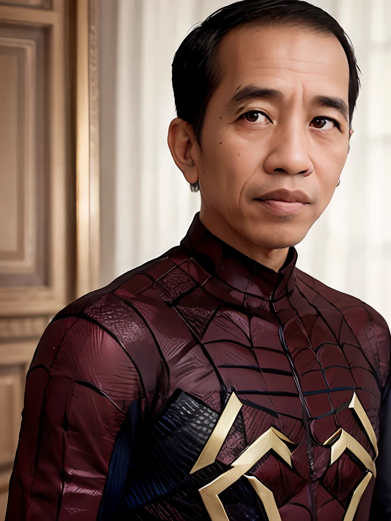 4k, Best quality, masterpiece, ultra high res, beautiful lighting, (realistic, photo-realistic:1.4), realistic background, jokowi, 1man, 50 years old, spiderman, open_mask,