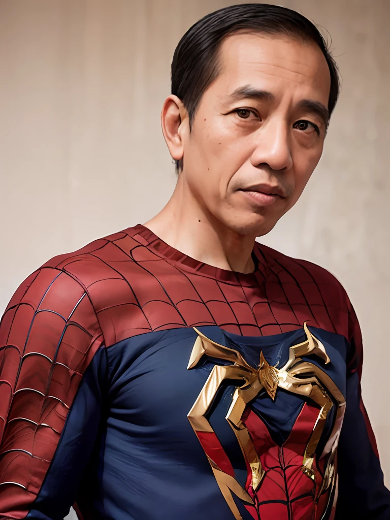 4k, Best quality, masterpiece, ultra high res, beautiful lighting, (realistic, photo-realistic:1.4), realistic background,  jokowi, 1man, 50 years old, spiderman, open_mask,