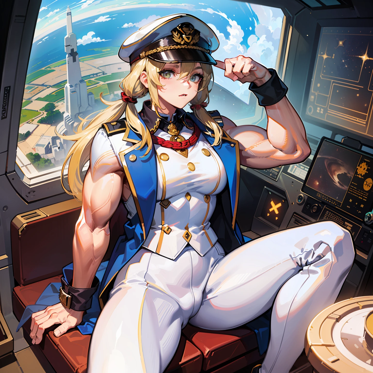 ((Masterpiece)), ((Highest Image Quality)), (((Best Quality)), (Illustration of One Girl), Full Body, 25 Years Old, (Neutral)), ((Blonde Twin Tails)), Light Golden Eyes, (Tall)), (Muscular Strong Body)), ((Muscular and Thick Body)), ((Muscular and Thick Arms)), ((Muscular and Thick Legs)), (Manspreading)), Open Legs, (((Army Uniform)), (Army Hat)), (((Army Coat)), (white clothes), (white pants), (white hat), trench coat, ((inside the spaceship, sitting in the captain's seat)), (outside the window, space, Earth seen from space, spaceport)