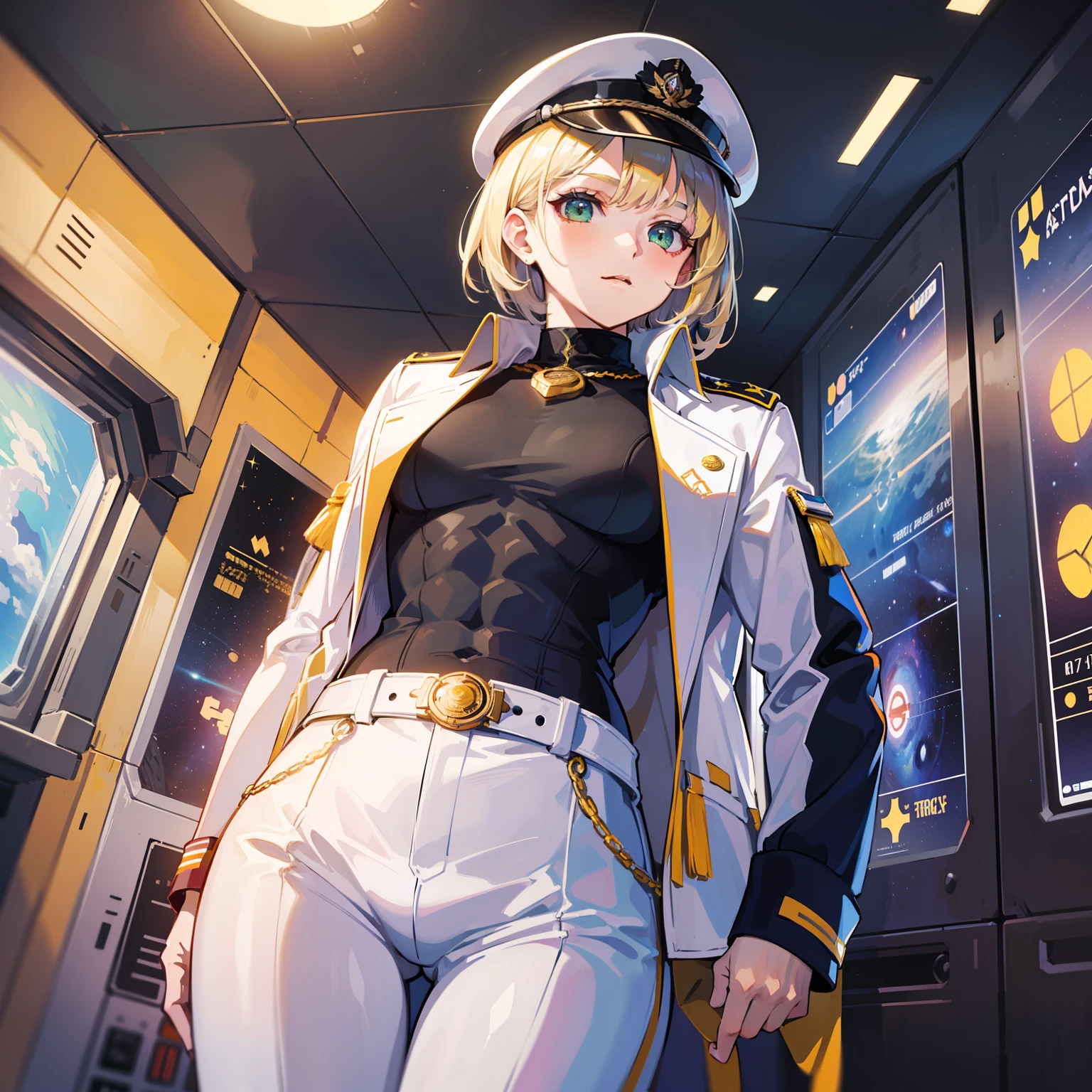 ((Masterpiece)), ((Highest Image Quality)), ((Best Quality)), (Illustration of One Girl), Full Body, 25 Years Old, (Neutral), Blonde, ((Short Hair)), ((Short Neckline)), Green Eyes, (Flat)), Small, (((Tall)), ((Muscular Strong Body)), (Army Uniform)), (Military Hat)), (Army Coat)), (White Clothes), (White Pants), (White Hat), Trench Coat, (( Inside the spaceship)), (outside the window, space, Earth seen from space, spaceport)